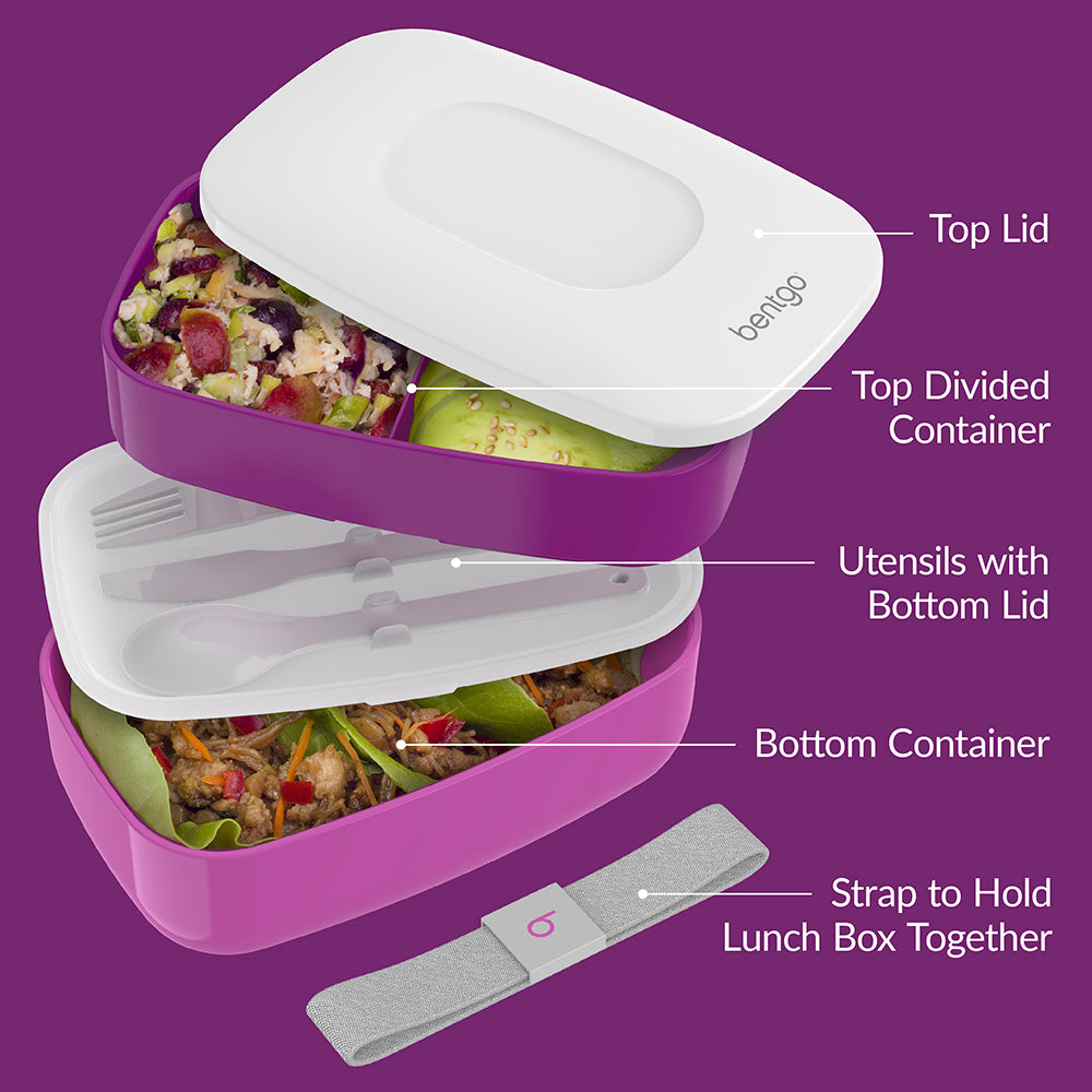 Bentgo® Classic Lunch Box (2-Pack) - Purple | Includes Top Lid, Top Divided Container, Utensils with Bottom Lid, Bottom Container, And Strap to Hold Lunch Box Together