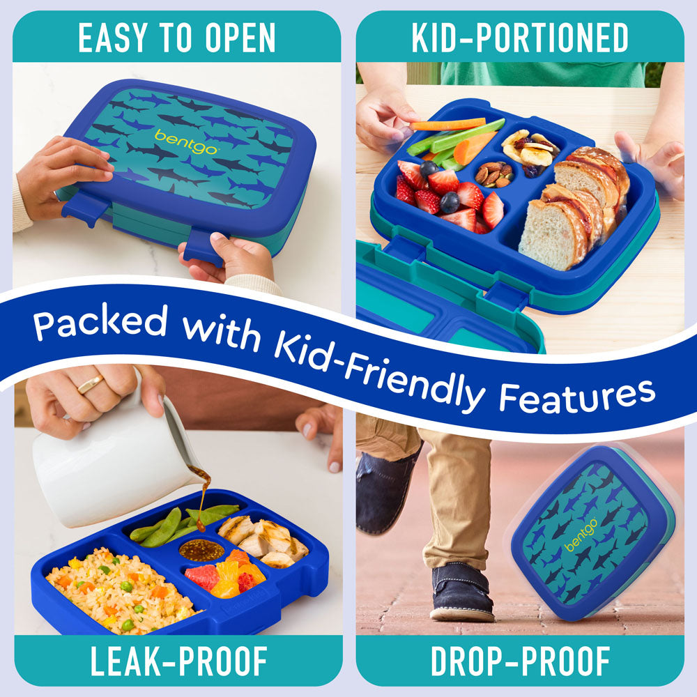 Bentgo® Kids Prints Lunch Box (2-Pack) - Sharks | Kids Lunch Box Packed With Kid-Friendly Features Such As Easy To Open And Drop-Proof