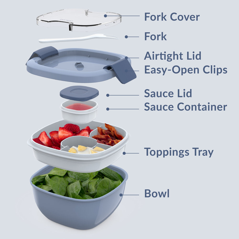 Bentgo® Salad Container (2-Pack) - Slate | Fork Cover, Fork, Airtight Lid With Easy-Open Clips, Sauce Lid, Sauce Container, Toppings Tray, And Bowl