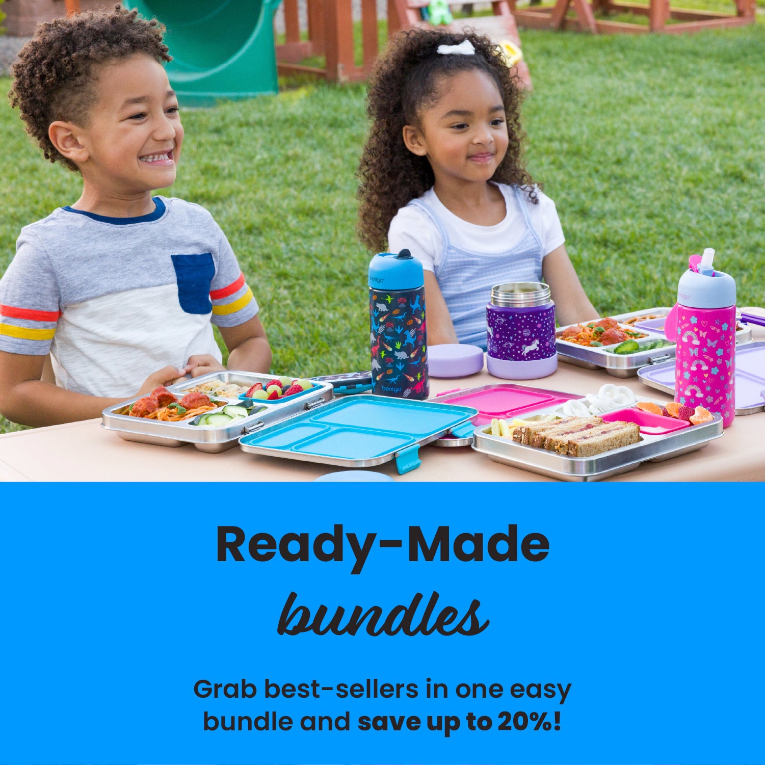 Two children sitting at a table with snacks and drinks, promotional text for ready-made bundles.