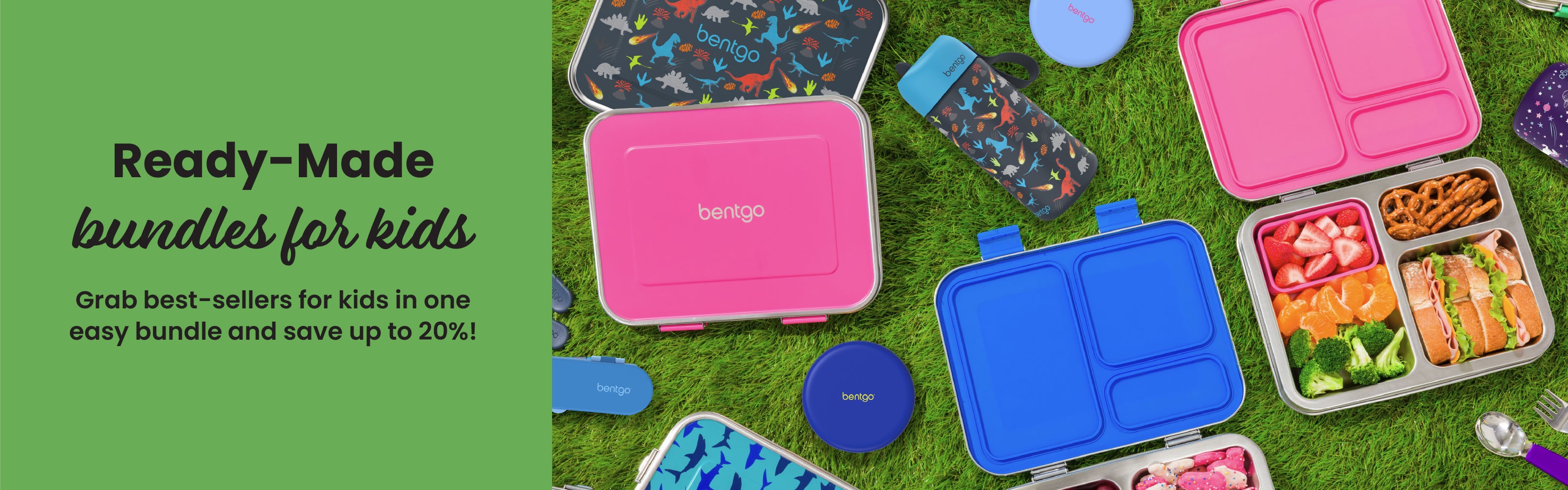 Bento boxes with food on a grassy background, promoting ready-made bundles for kids.