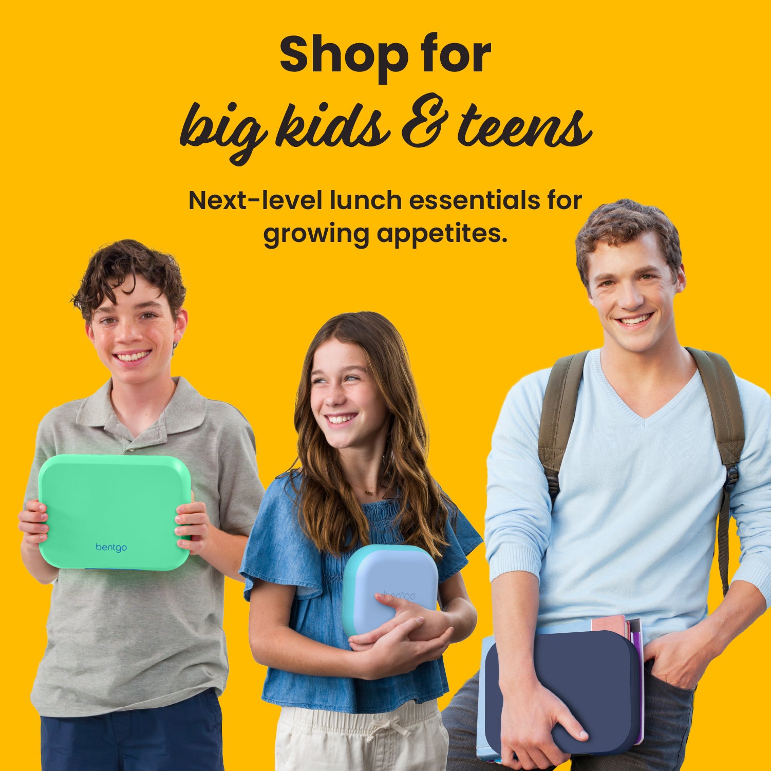 Three children holding lunch containers with text promoting next-level lunch essentials for growing appetites on a yellow background.