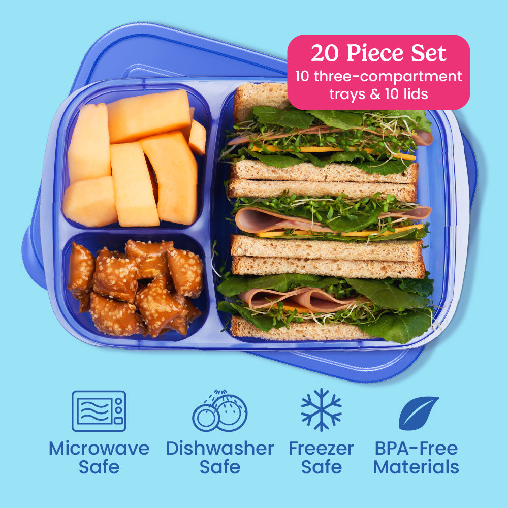 Bentgo® Easyboxes 3-Compartment Food Containers 20-Piece Set - Jewel Brights | 20-Piece Set with 10 three-compartment trays & 10 lids. Microwave safe, dishwasher safe, freezer safe, and made with BPA-free materials