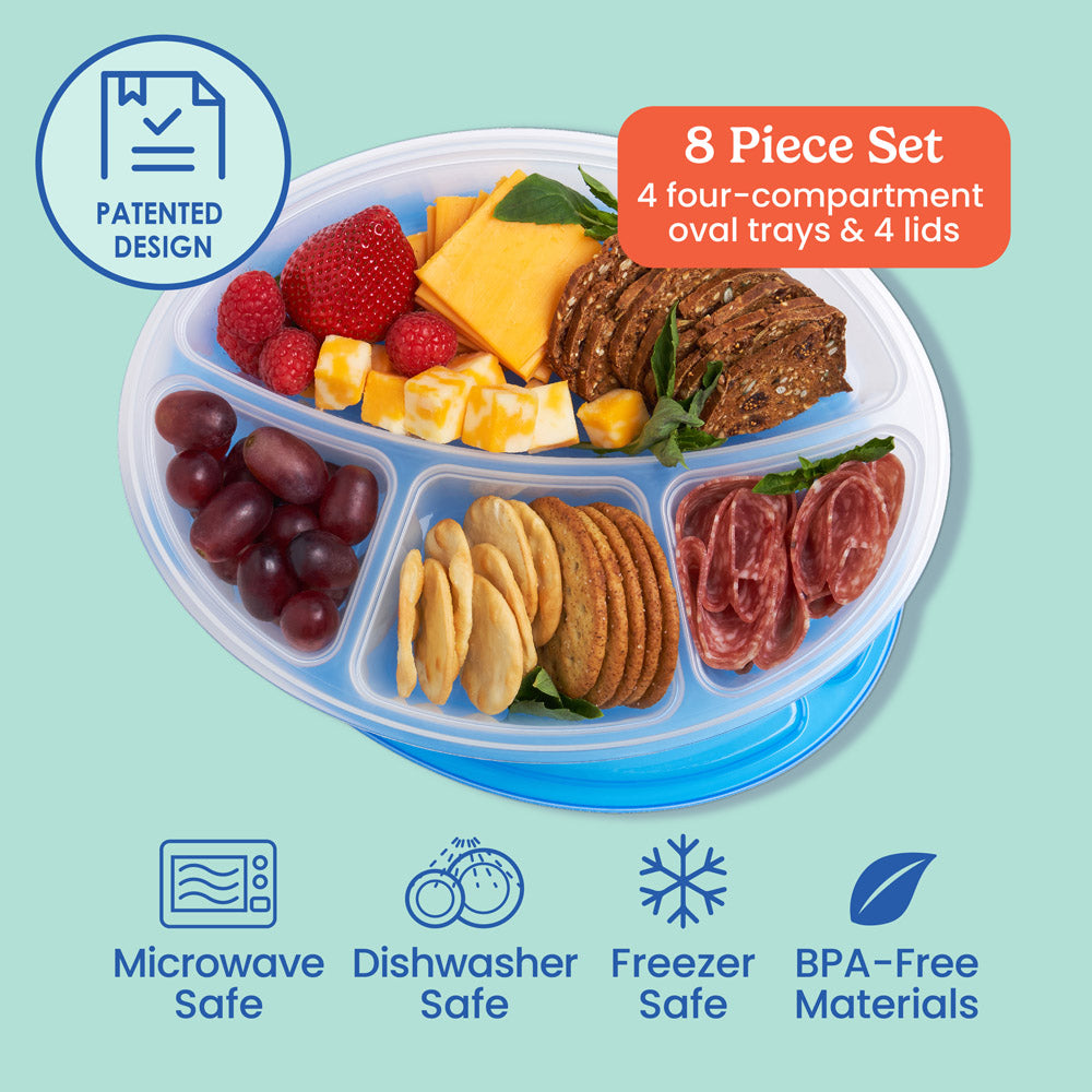 Bentgo Easyboxes™ 4-Compartment Oval Containers 8-Piece Set - Classic | 8 Piece Set with 4 four-compartment oval trays & 4 lids. Microwave safe, dishwasher safe, freezer safe, and made with BPA-free materials