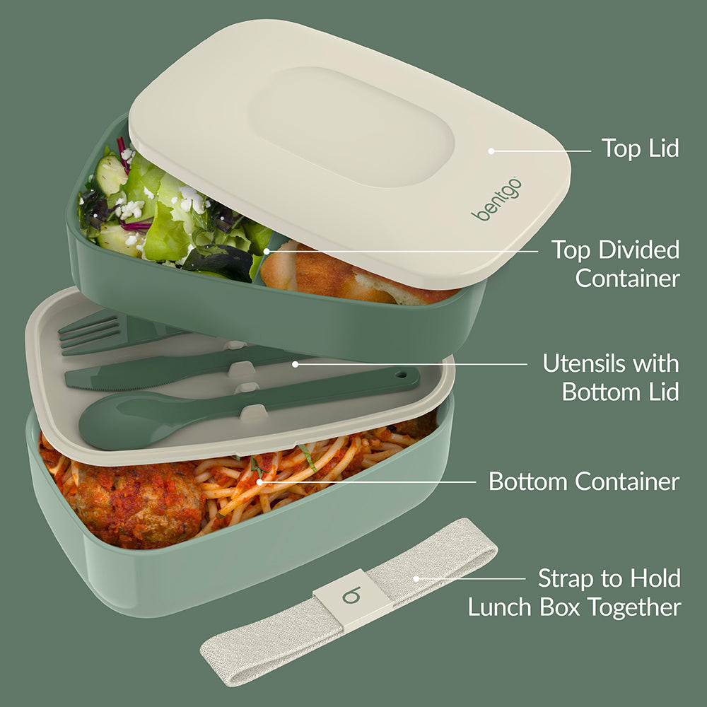 Bentgo® Classic Lunch Box - Khaki Green | Includes Top Lid, Top Divided Container, Utensils with Bottom Lid, Bottom Container, And Strap to Hold Lunch Box Together