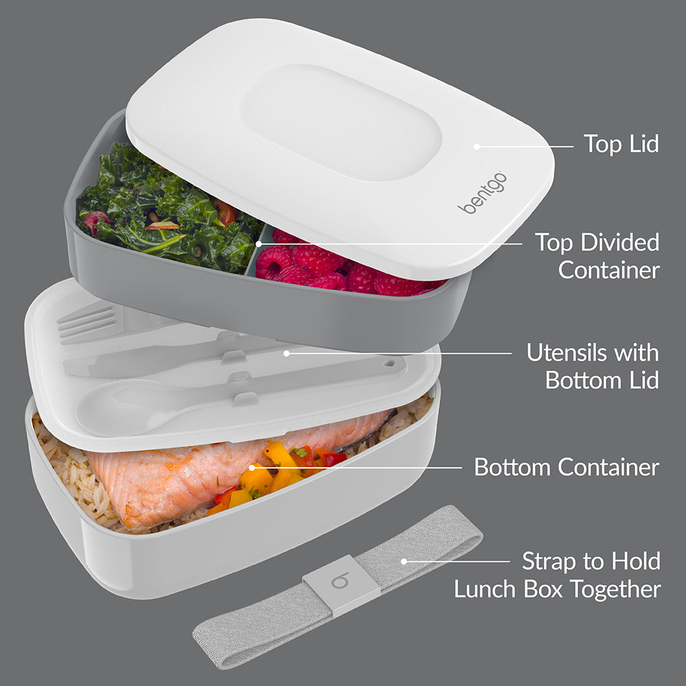 Bentgo® Classic Lunch Box - Gray | Includes Top Lid, Top Divided Container, Utensils with Bottom Lid, Bottom Container, And Strap to Hold Lunch Box Together