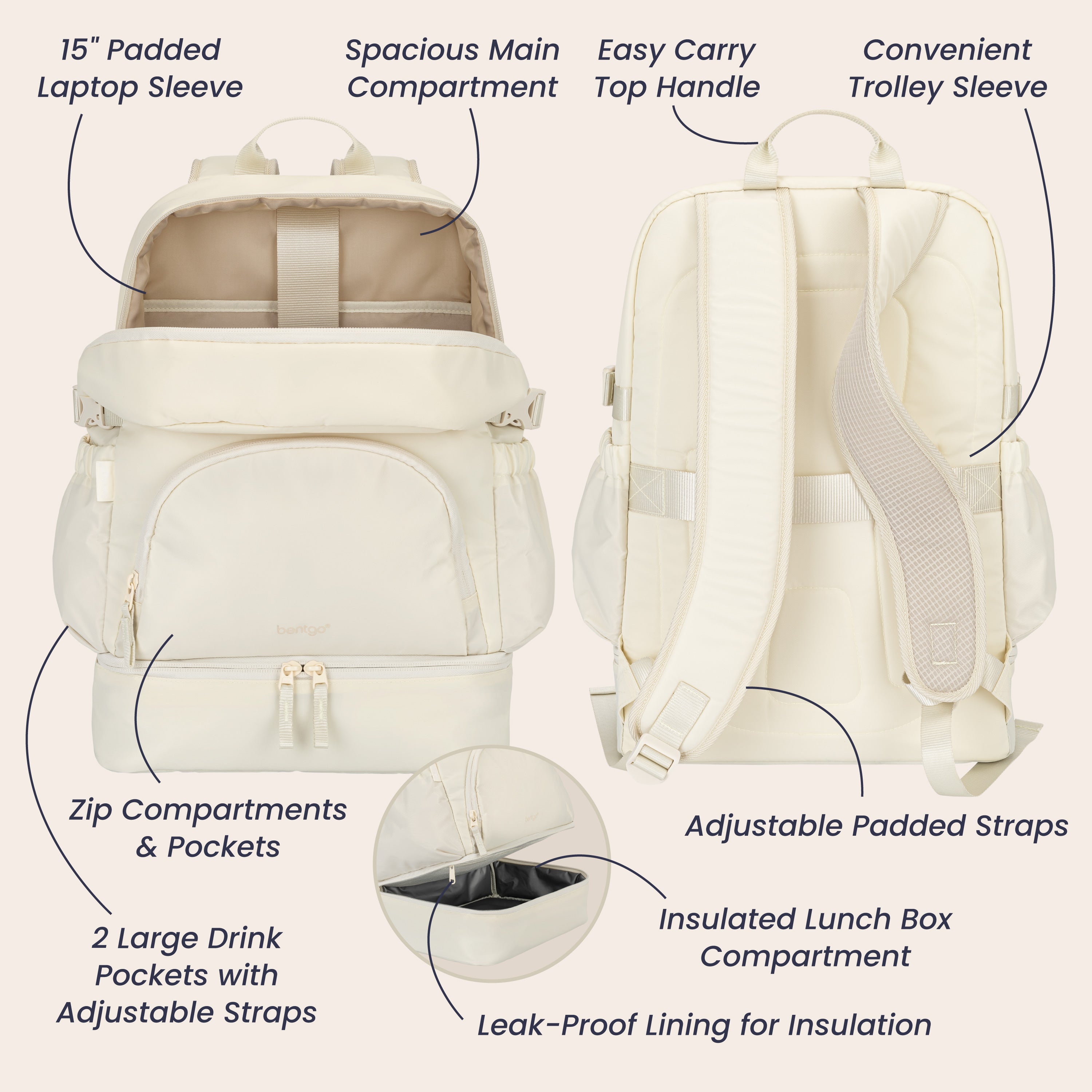 Bentgo® 2-in-1 Backpack & Lunch Bag - Bone | 15” Padded Laptop Sleeve, Spacious Main Compartment, Zip Compartments & Pockets, 2 Large Drink Pockets With Adjustable Straps, Easy Carry Top Handle, Convenient Trolley Sleeve, Adjustable Padded Straps, Insulated Lunch Box Compartment, And Leak-Proof Lining For Insulation