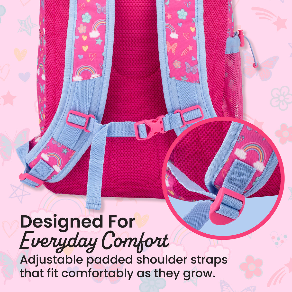 Bentgo® Kids Prints 2-in-1 Backpack & Lunch Bag - Rainbows and Butterflies | Designed For Everyday Comfort - Adjustable Padded Shoulder Straps That Fit Comfortably As They Grow