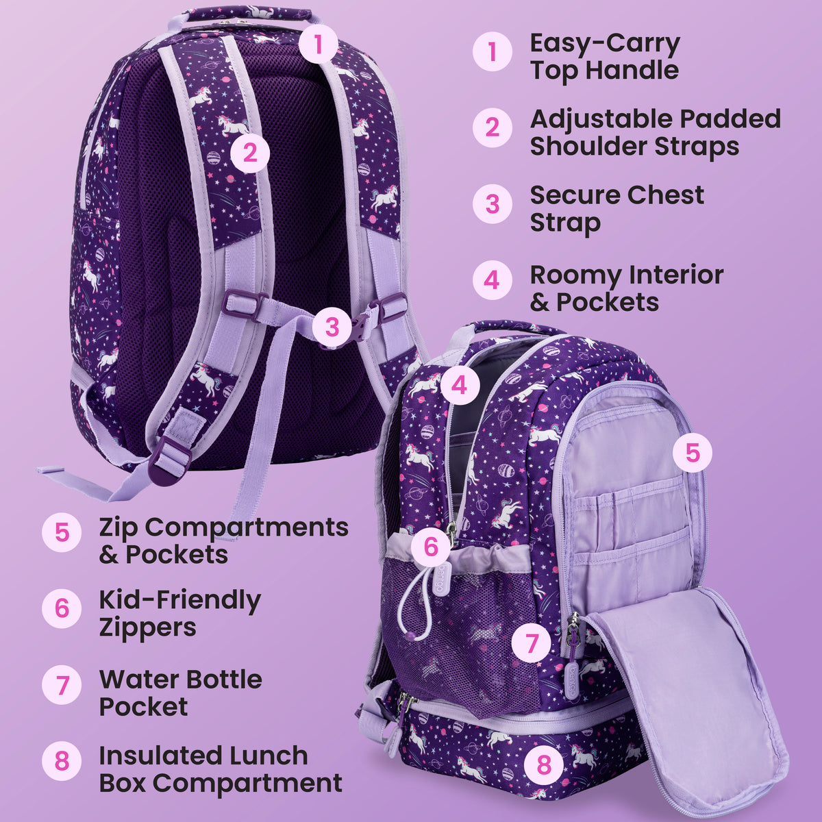 Bentgo® Kids Prints 2-in-1 Backpack & Lunch Bag - Unicorn | Easy-Carry Top Handle, Adjustable Padded Shoulder Straps, Secure Chest Strap, Roomy Interior & Pockets, Zip Compartments & Pockets, Kid-Friendly Zippers, Water Bottle Pocket, and Insulated Lunch Box Compartment