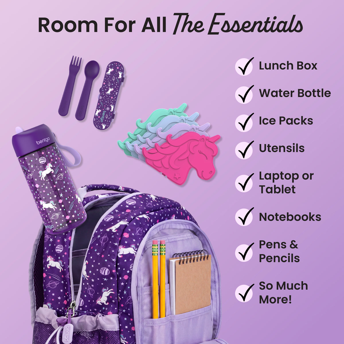 Bentgo® Kids Prints 2-in-1 Backpack & Lunch Bag - Unicorn | Room For All The Essentials - Lunch Box, Water Bottle, Ice Packs, Utensils, Laptop or Tablet, Notebooks, Pens & Pencils, and So Much More