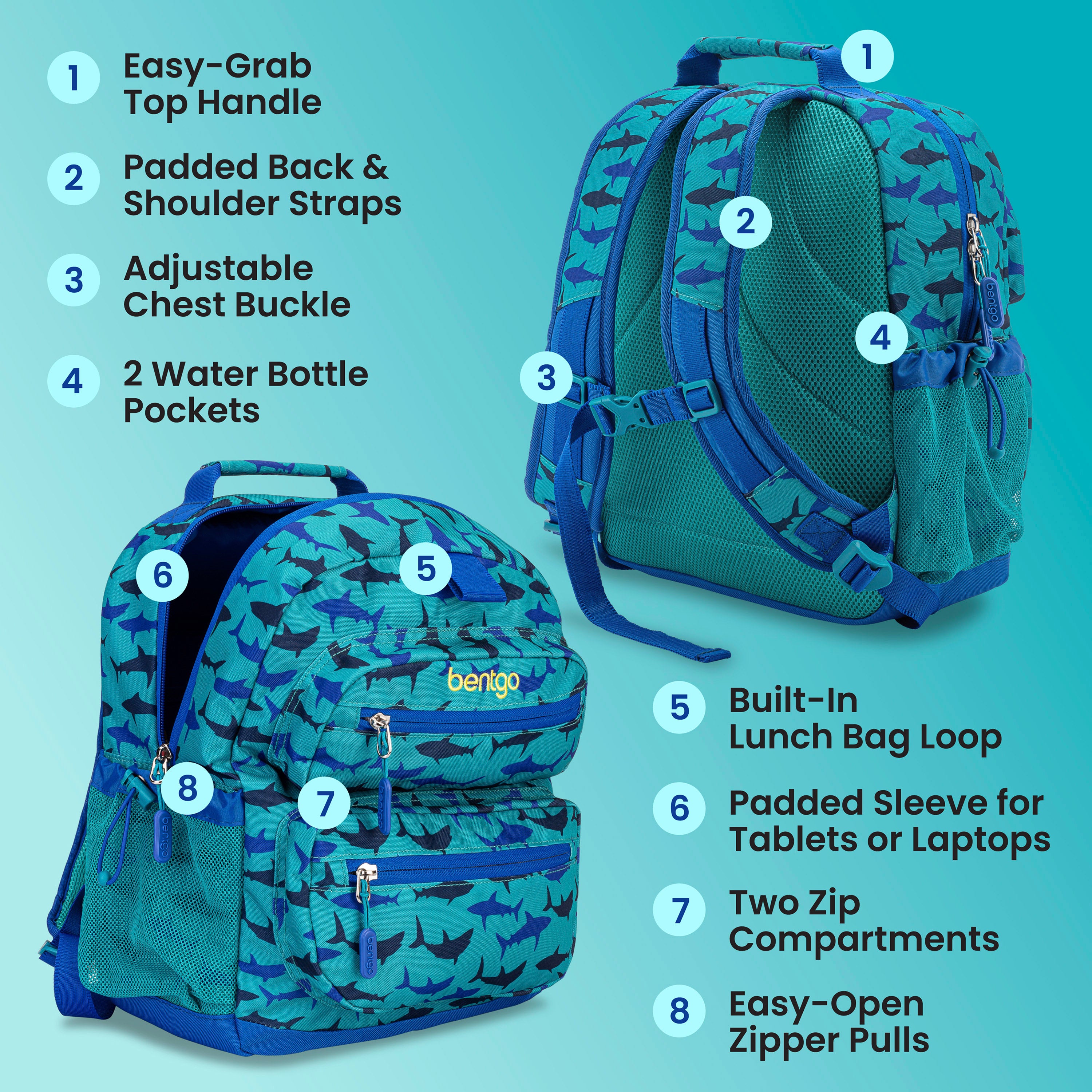 Bentgo Kids Prints Backpack - Sharks | Easy-Grab Top Handle, Padded Back & Shoulder Straps, Adjustable Chest Buckle, 2 Water Bottle Pockets, Built-In Lunch Bag Loop, Padded Sleeve For Tablets Or Laptops, Two Zip Compartments, And Easy-Open Zipper Pulls