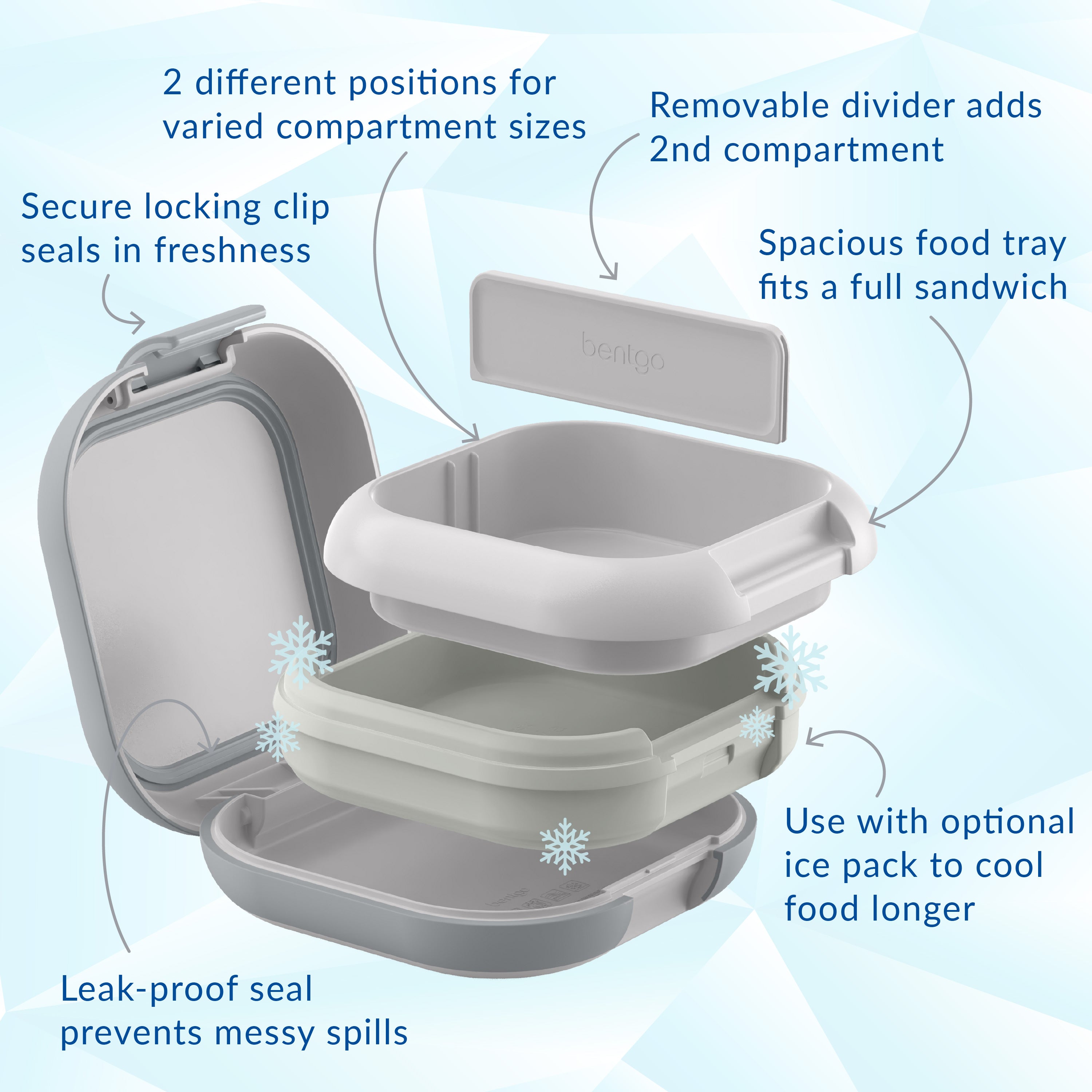 Bentgo® Chill Mini Lunch Box - Crisp Grays | Secure Locking Clips Seals In Freshness, Spacious Food Tray Fits A Full Sandwich, Use With Optional Ice Pack To Cool Food Longer, Leak-proof Seal Prevents Messy Spills, Removable Divider To Add 2nd Compartment, And 
2 Different Positions For Varied Compartment Sizes