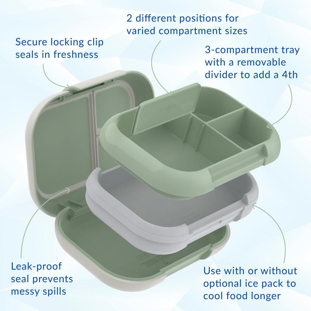 Bentgo® Chill Max Lunch Box  - Clay Green and Gray | Secure Locking Clip, 2 Different Positions For Varied Compartment Sizes, 3-Compartment Tray With A Removable Divider To Add A 4th, Leak-Proof Seal Prevents Messy Spills, And Use With Or Without Optional Ice Pack To Cool Food Longer