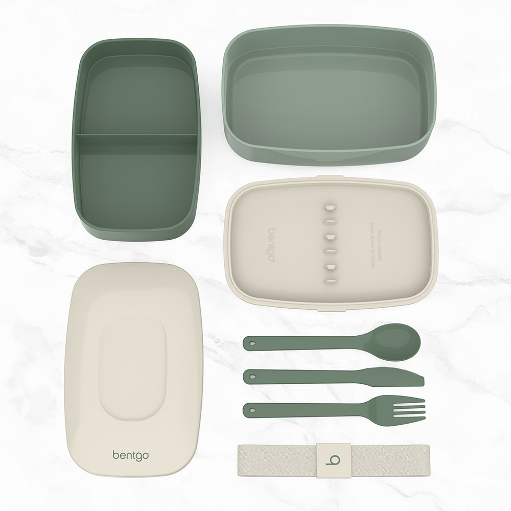 Bentgo® Classic Lunch Box (2-Pack) - Khaki Green | This Classic Lunch Box (2-Pack) Includes A Plastic Utensil Set And Three Different Food Compartments Held Together With A Nylon Strap