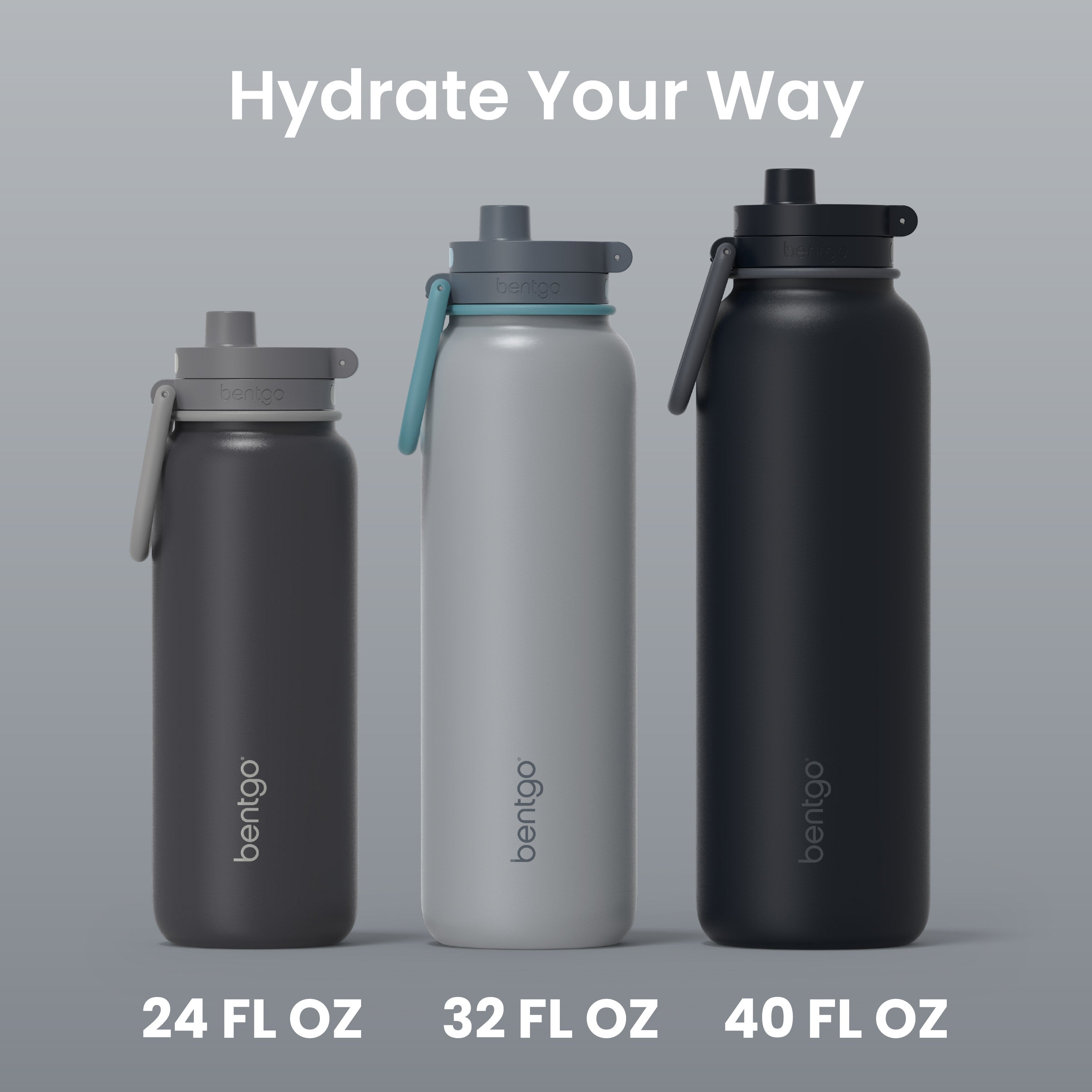 Bentgo® Flip Leak-Proof Water Bottle | Gray Surf - Hydrate Your Way (24 FL OZ, 32 FL OZ, and 40 FL OZ)