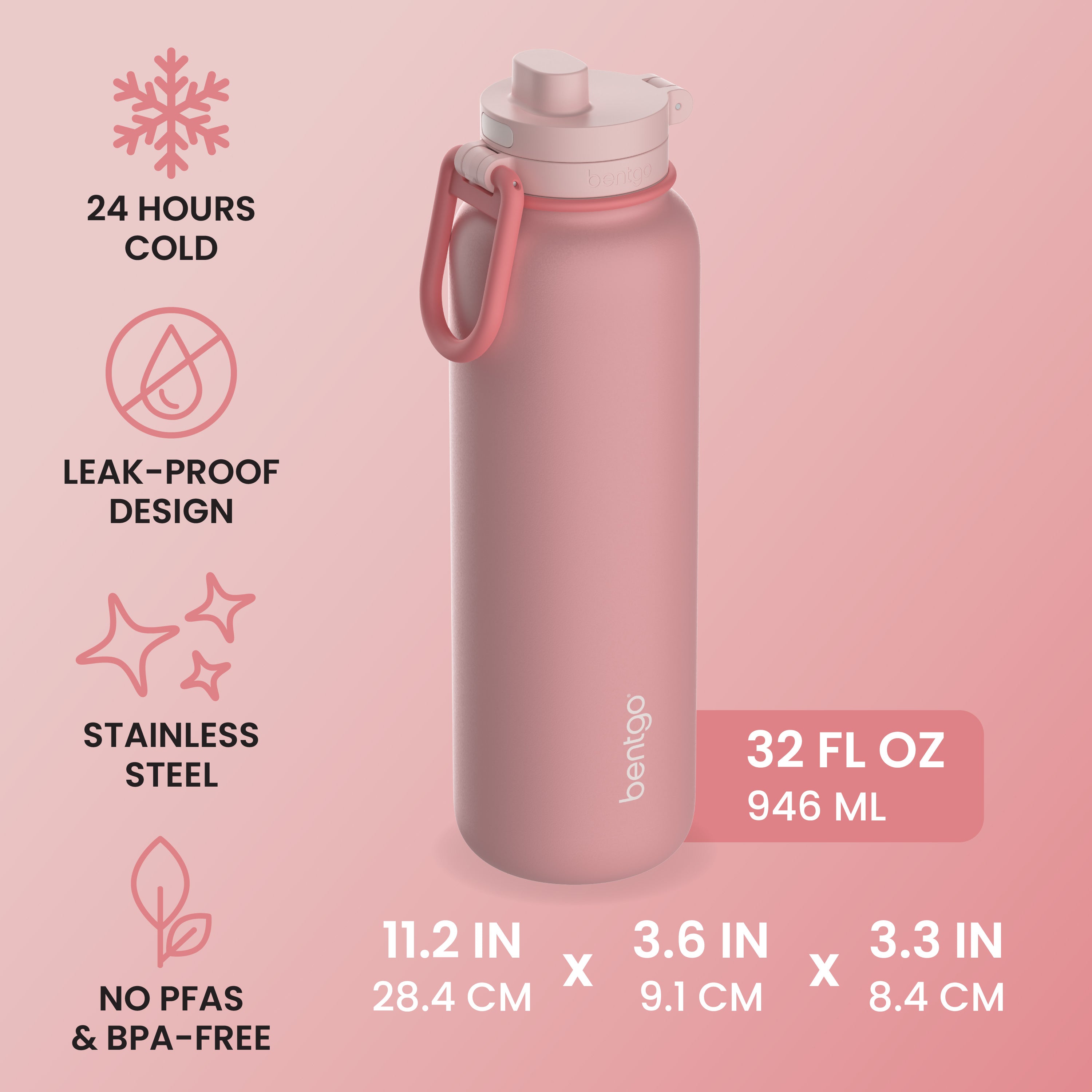 Bentgo® Flip Leak-Proof Water Bottle | Blushing - 24 Hours Cold, Leak-Proof Design, Stainless Steel, and No PFAs & BPA-Free - Product Dimensions