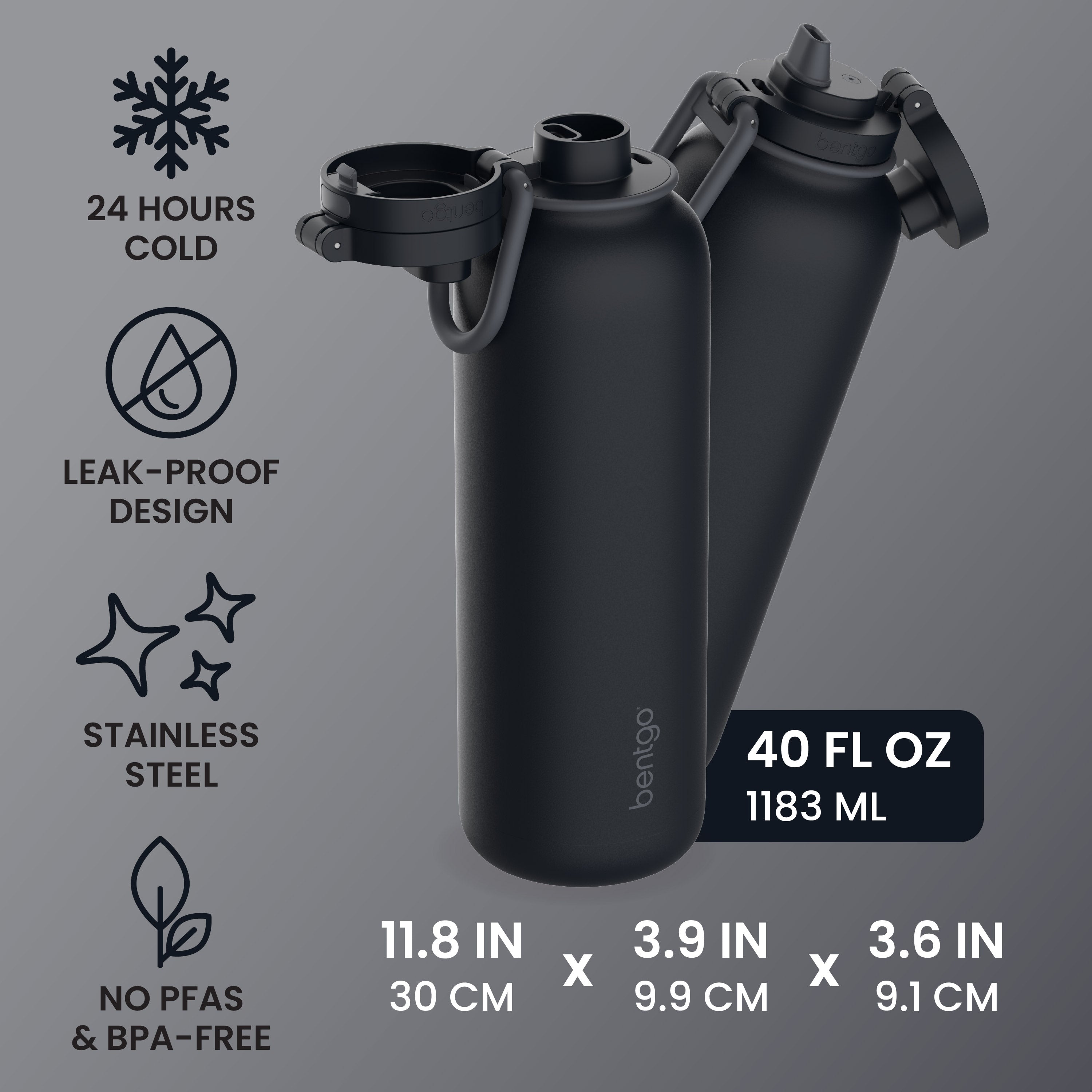 Bentgo® Flip Leak-Proof Water Bottle | Back to Black - 24 Hours Cold, Leak-Proof Design, Stainless Steel, and No PFAs & BPA-Free - Product Dimensions