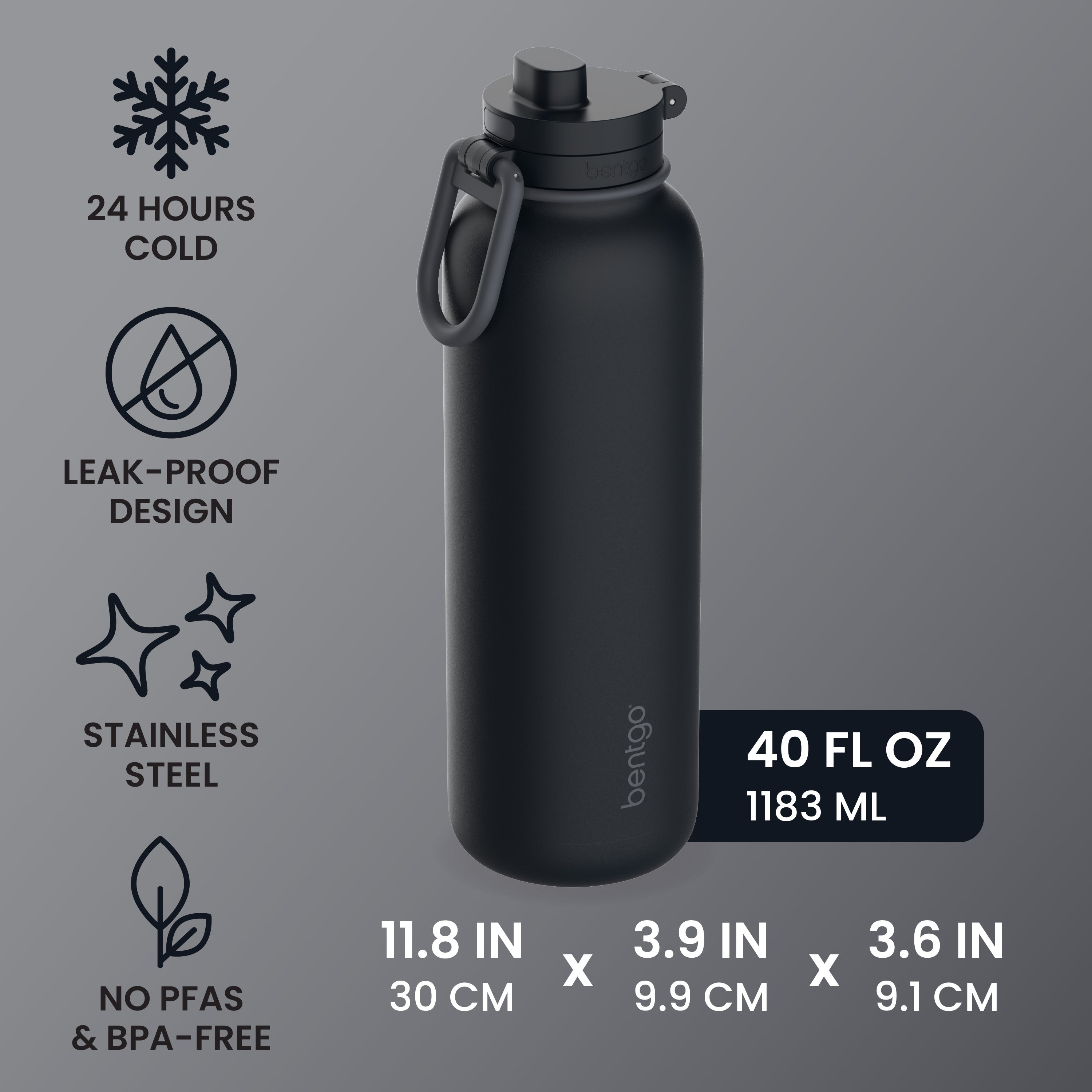Bentgo® Flip Leak-Proof Water Bottle | Back to Black - 24 Hours Cold, Leak-Proof Design, Stainless Steel, and No PFAs & BPA-Free - Product Dimensions