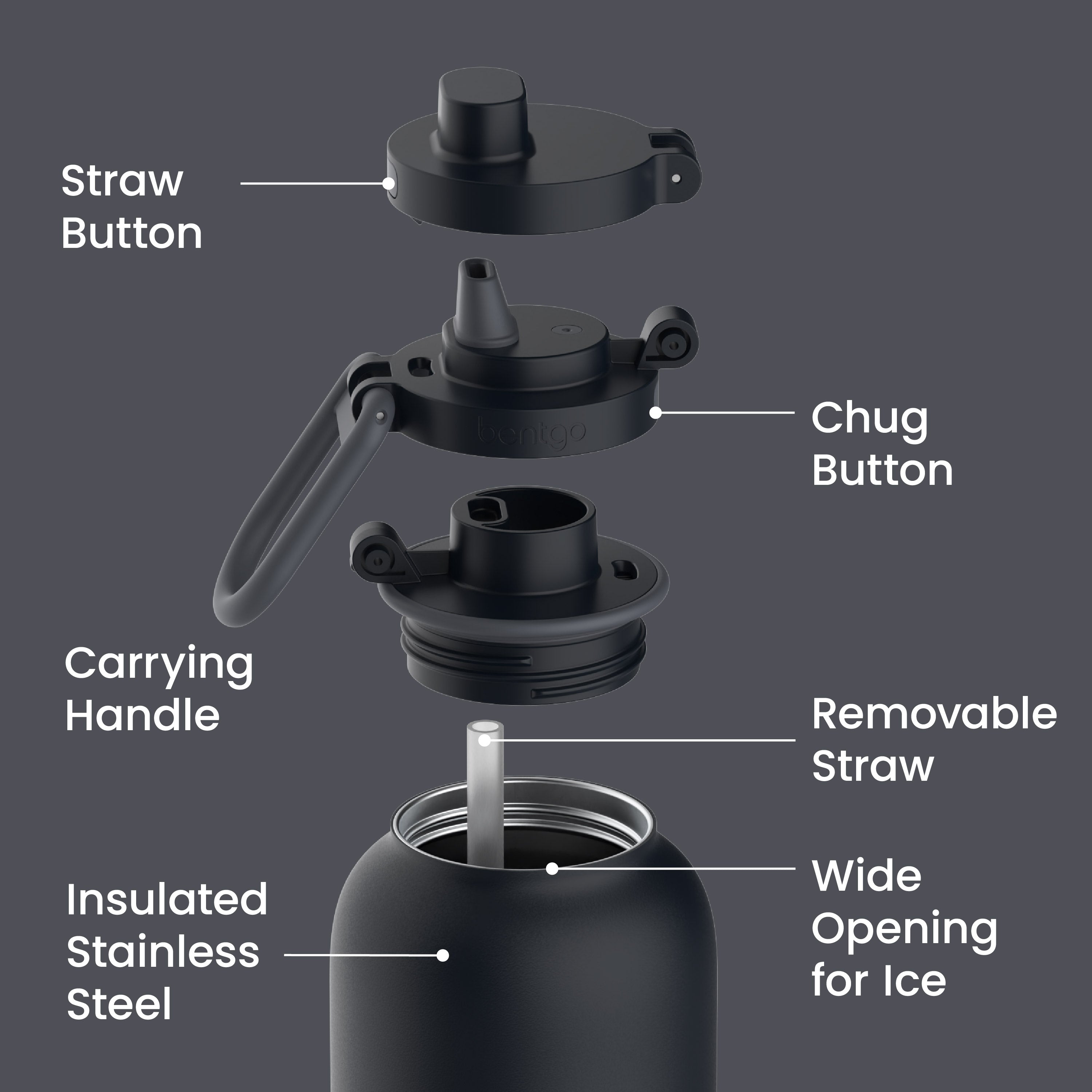 Bentgo® Flip Leak-Proof Water Bottle | Back to Black - Straw Button, Chug Button, Carrying Handle, Removable Straw, Insulated Stainless Steel, and Wide Opening For Ice