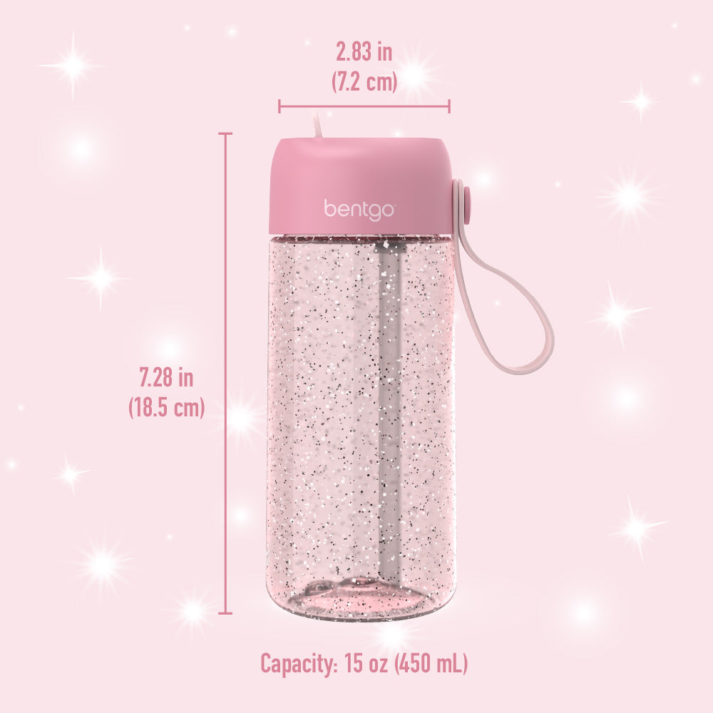 Bentgo® Kids Glitter Lunch Set - Petal Pink Glitter | Kids Water Bottle Dimensions