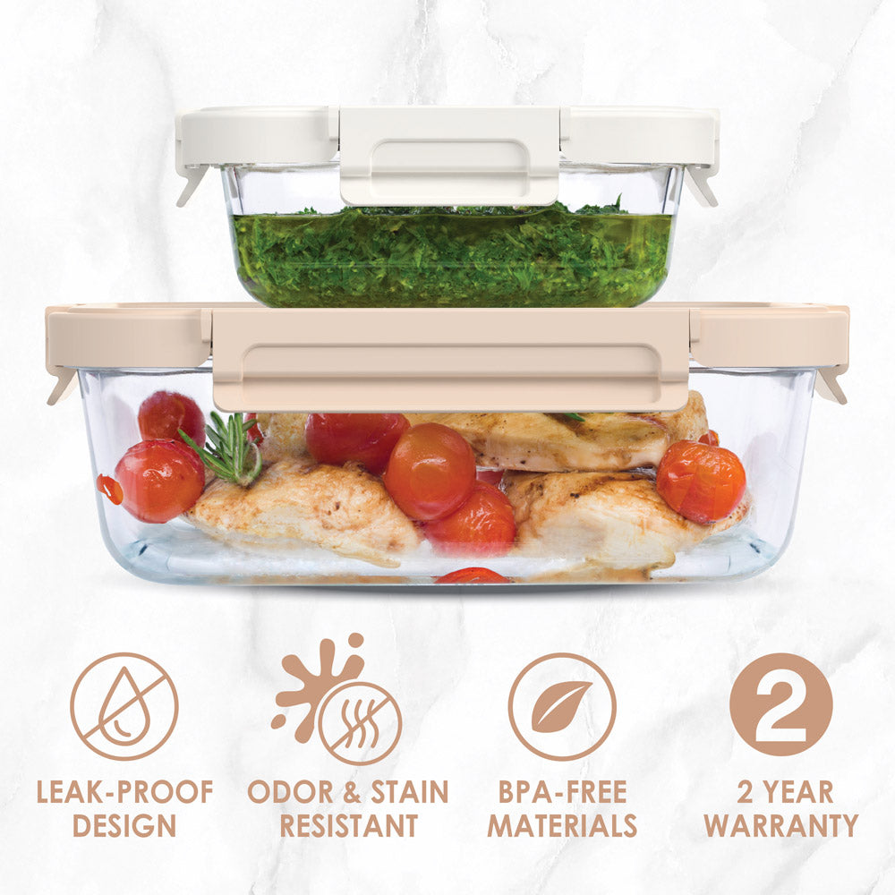 Bentgo® Glass Leak-Proof Food Storage Set (4pc) | Pearl/Sand - Leak-Proof Design + Odor & Stain Resistant
