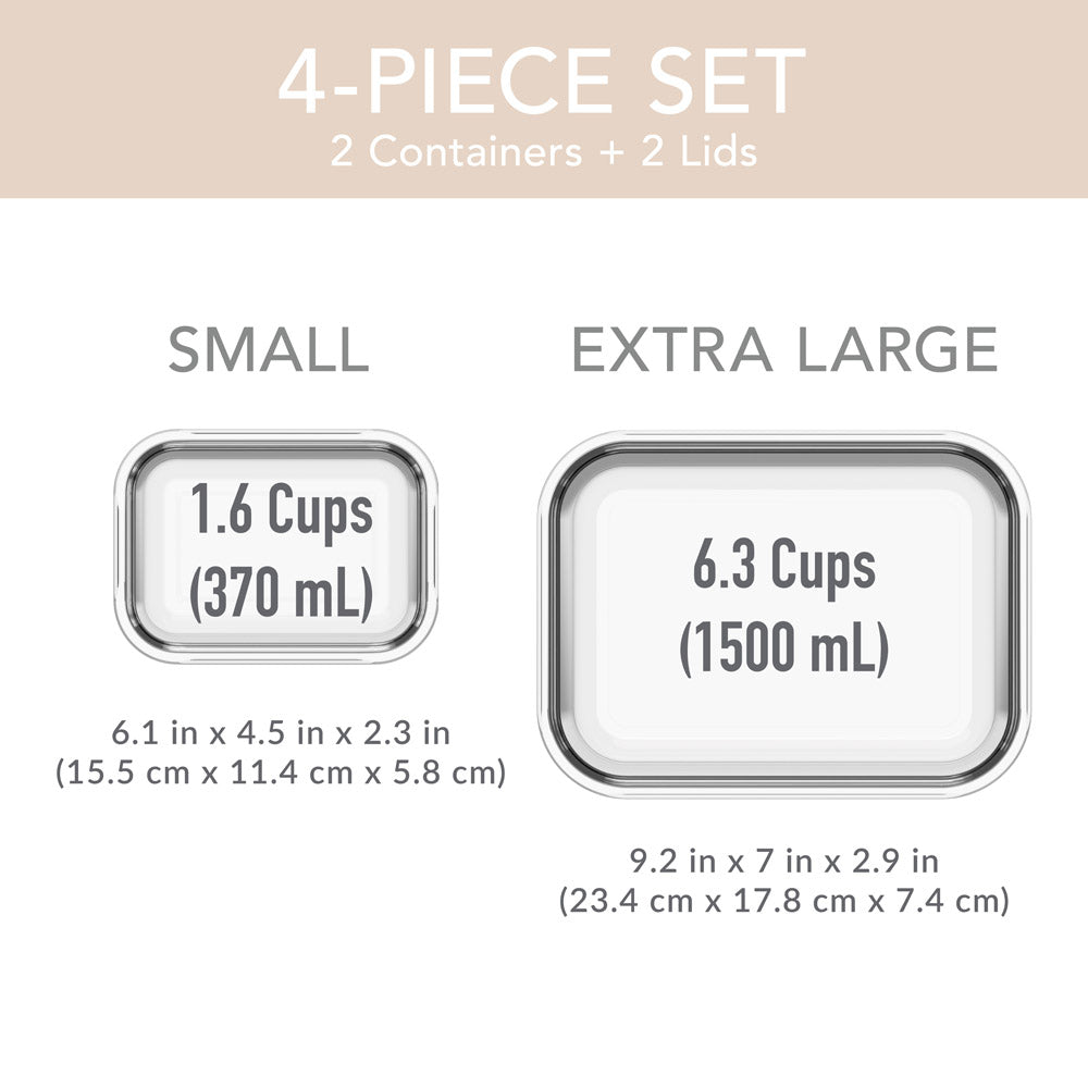 Bentgo® Glass Leak-Proof Food Storage Set (4pc) | Pearl/Sand - Container Sizes & Dimensions