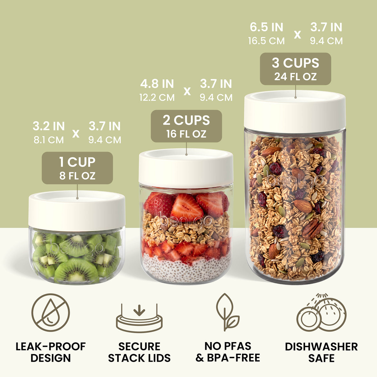 Bentgo® Glass Food Jar Set (12-Piece) - Cream Drop | Leak-Proof Design, Secure Stack Lids, No PFAS & BPA-Free, and Dishwasher Safe | Product Dimensions
