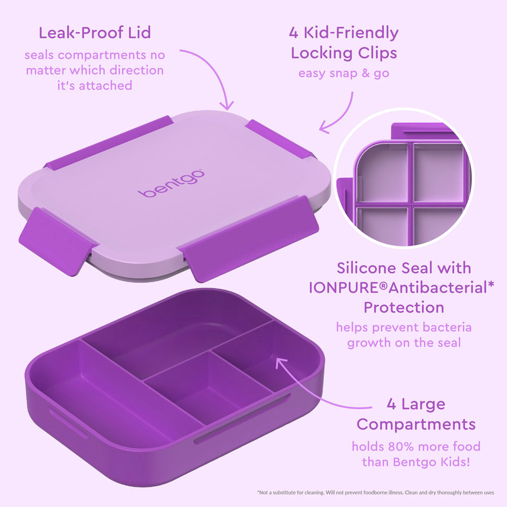 Bentgo® Kids Snap & Go Lunch Box | Purple - Our Lunch Box Features A Leak-Proof Lid, Kid-Friendly Locking Clips, and 4 Large Compartments