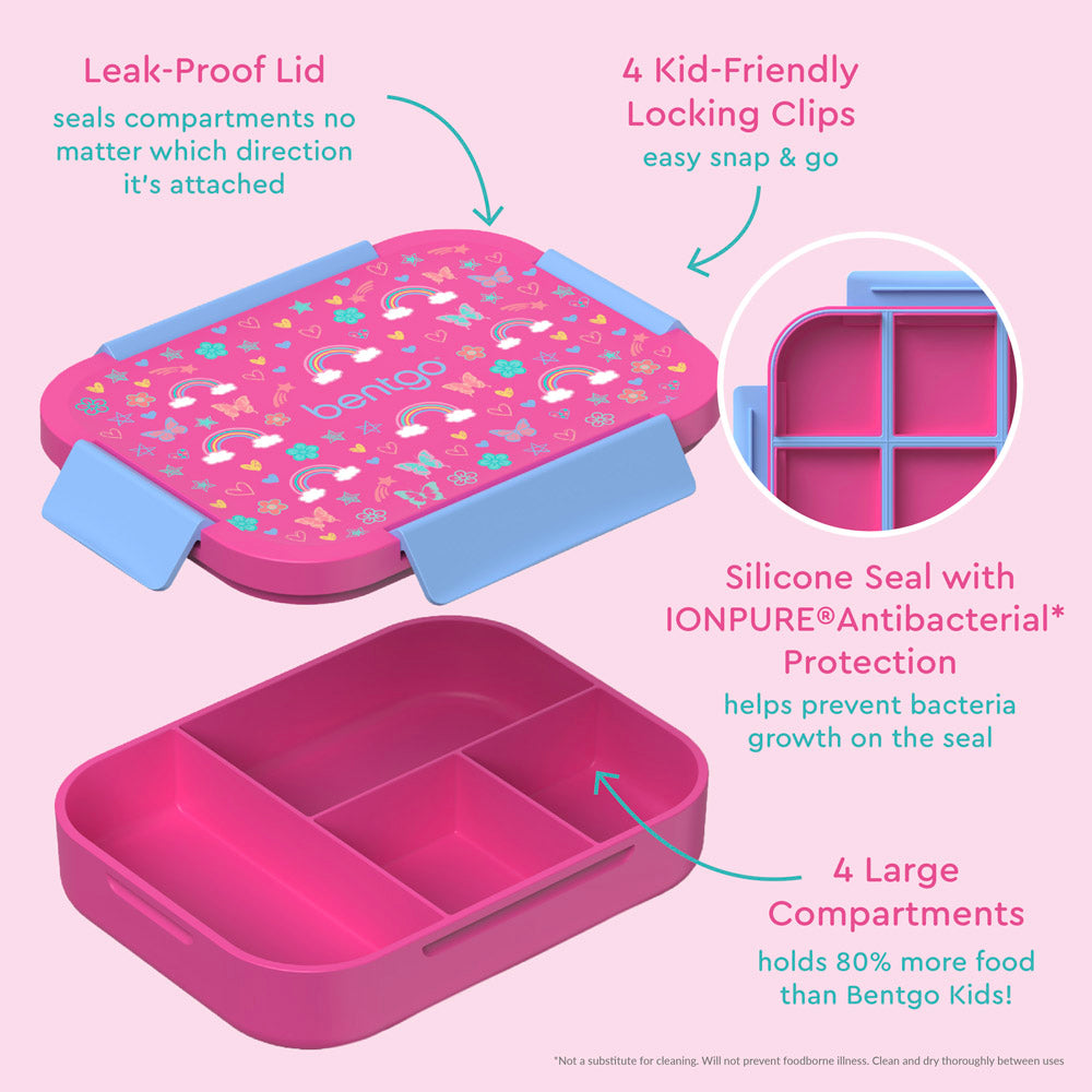 Bentgo® Kids Snap & Go Lunch Box | Rainbows and Butterflies - Our Lunch Box Features A Leak-Proof Lid, Kid-Friendly Locking Clips, and 4 Large Compartments