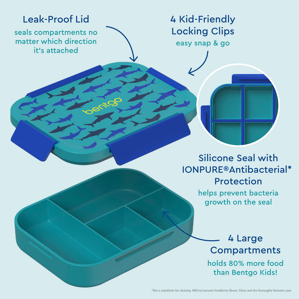 Bentgo® Kids Snap & Go Lunch Box | Sharks - Our Lunch Box Features A Leak-Proof Lid, Kid-Friendly Locking Clips, and 4 Large Compartments