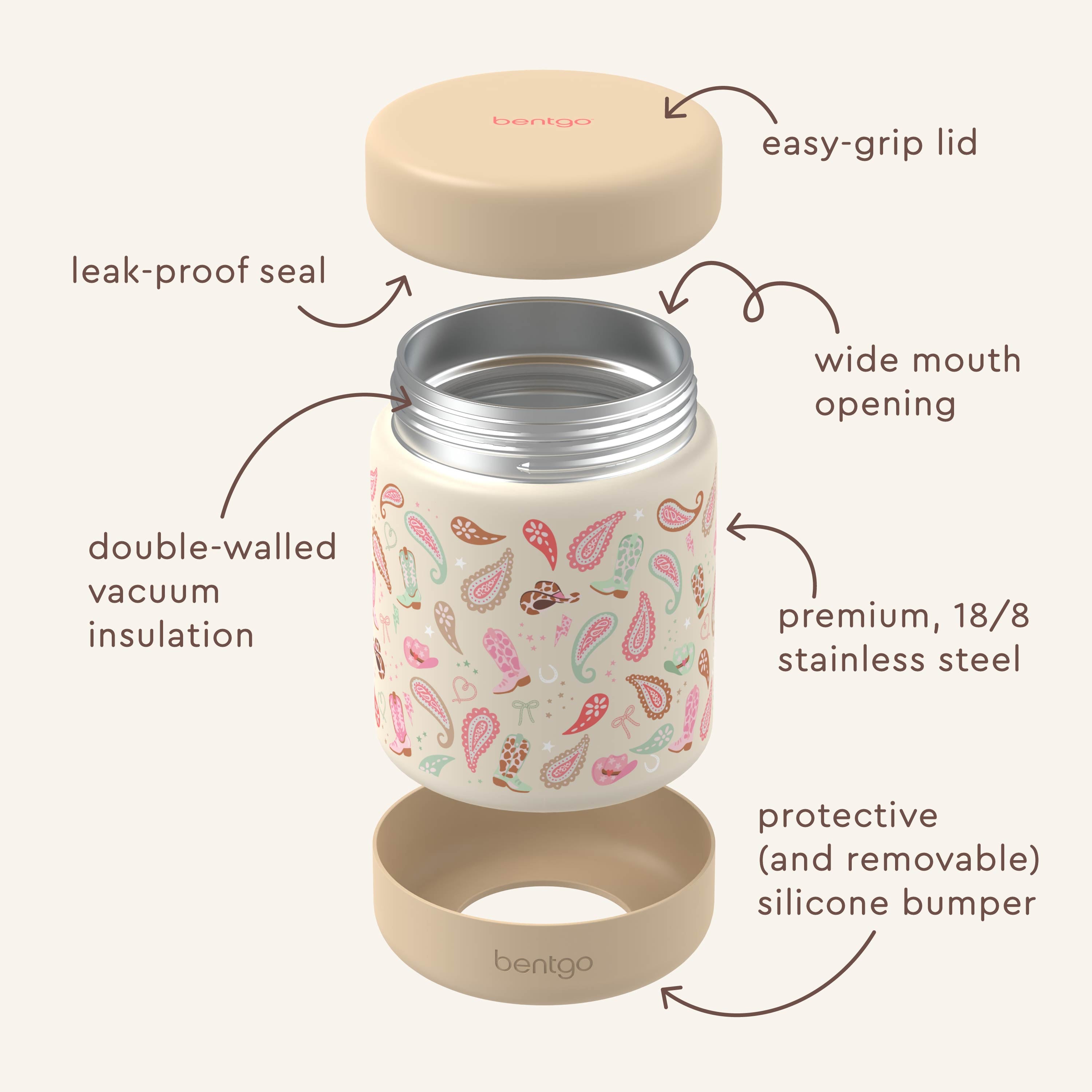 Bentgo® Kids Stainless Steel Food Jar - Cowgirl Dreams | Stainless Steel Food Jar Features Leak-Proof Seal, Easy-Grip Lid, Wide Mouth Opening, And Much More