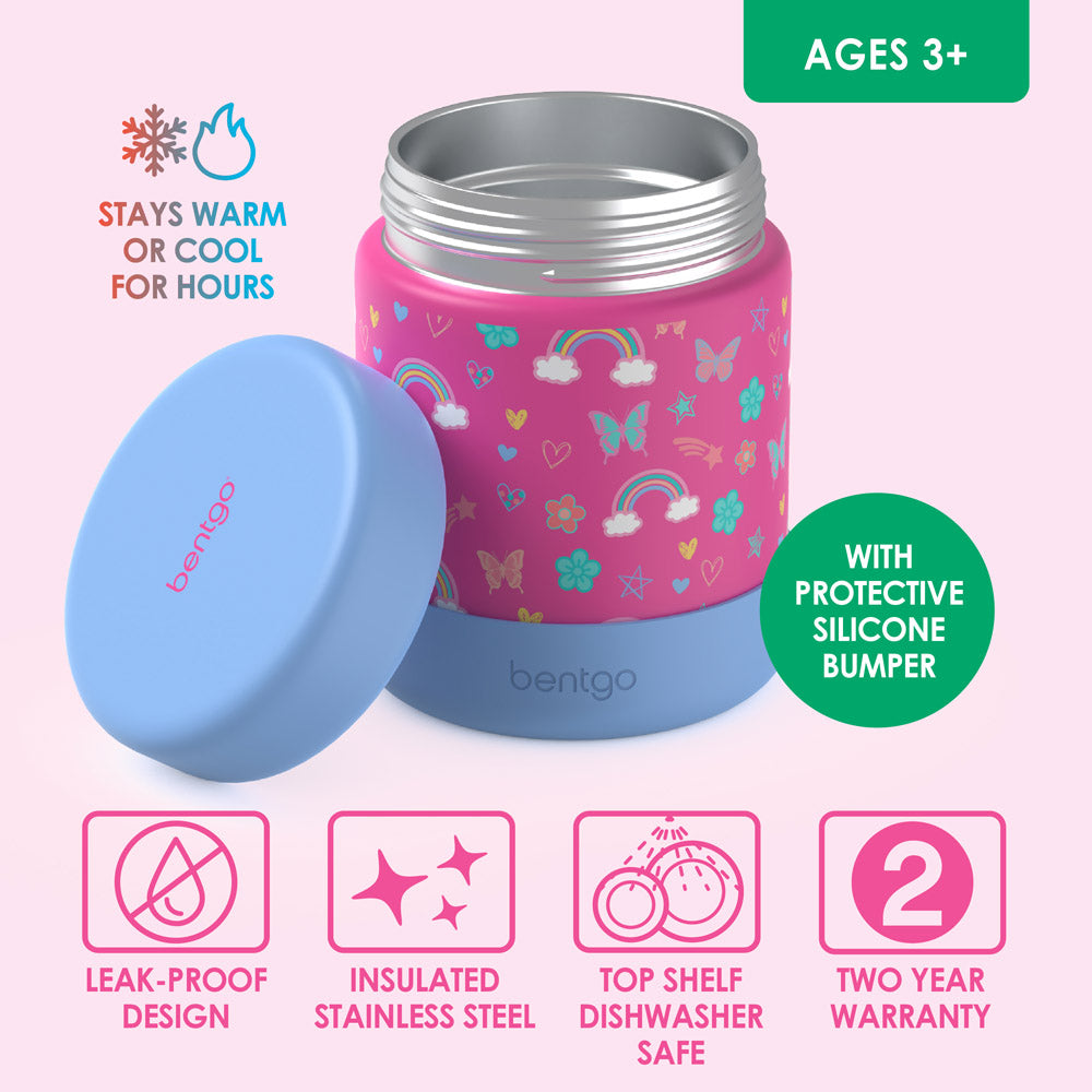 Bentgo® Kids Stainless Steel Food Jar - Rainbows and Butterflies | Stainless Steel Food Jar Features Leak-Proof Design With Protective Silicone Bumper