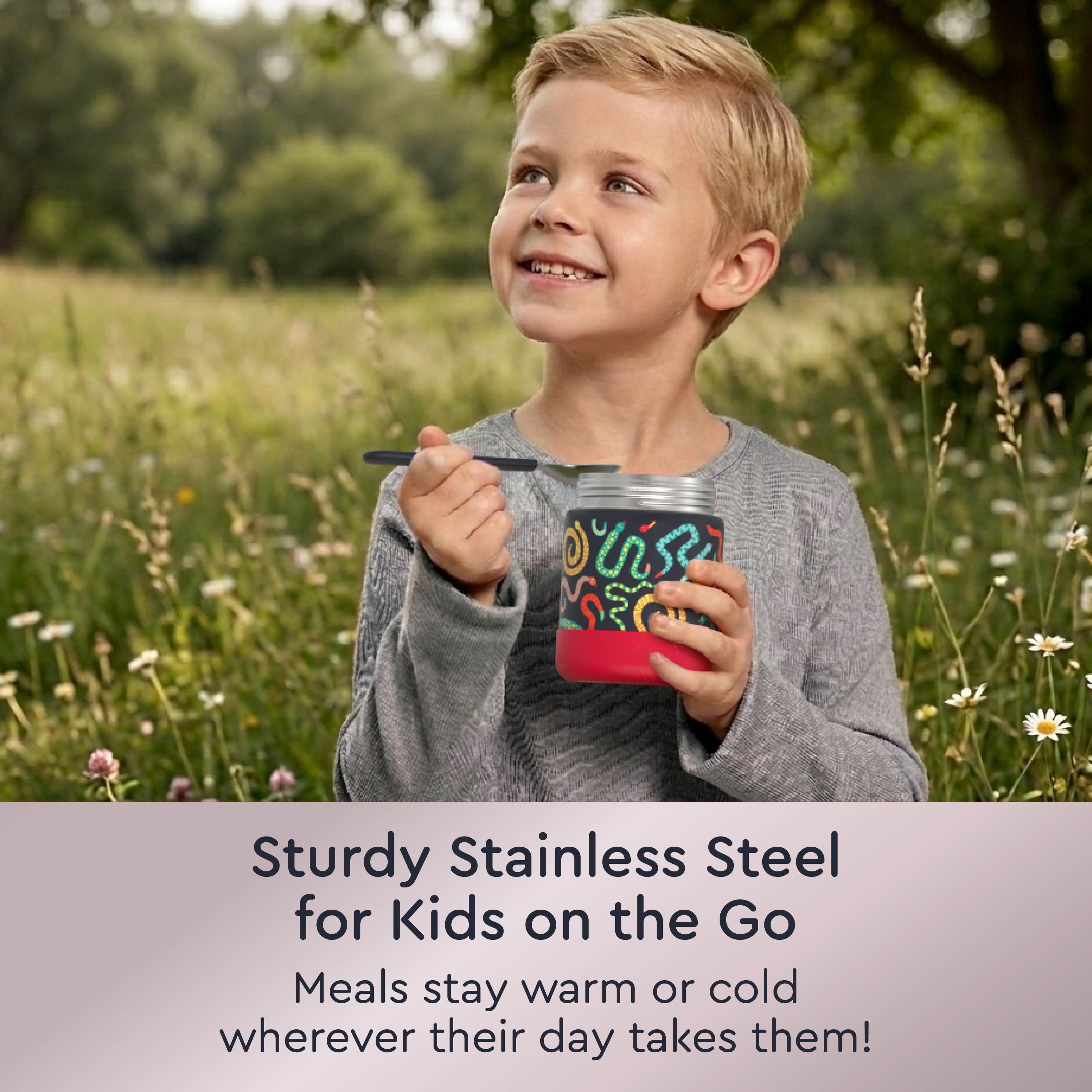 Bentgo® Kids Stainless Steel Food Jar - Sssnakes | Sturdy Stainless Steel For Kids On The Go - Meals Stay Warm Or Cold Wherever Their Day Takes Them!
