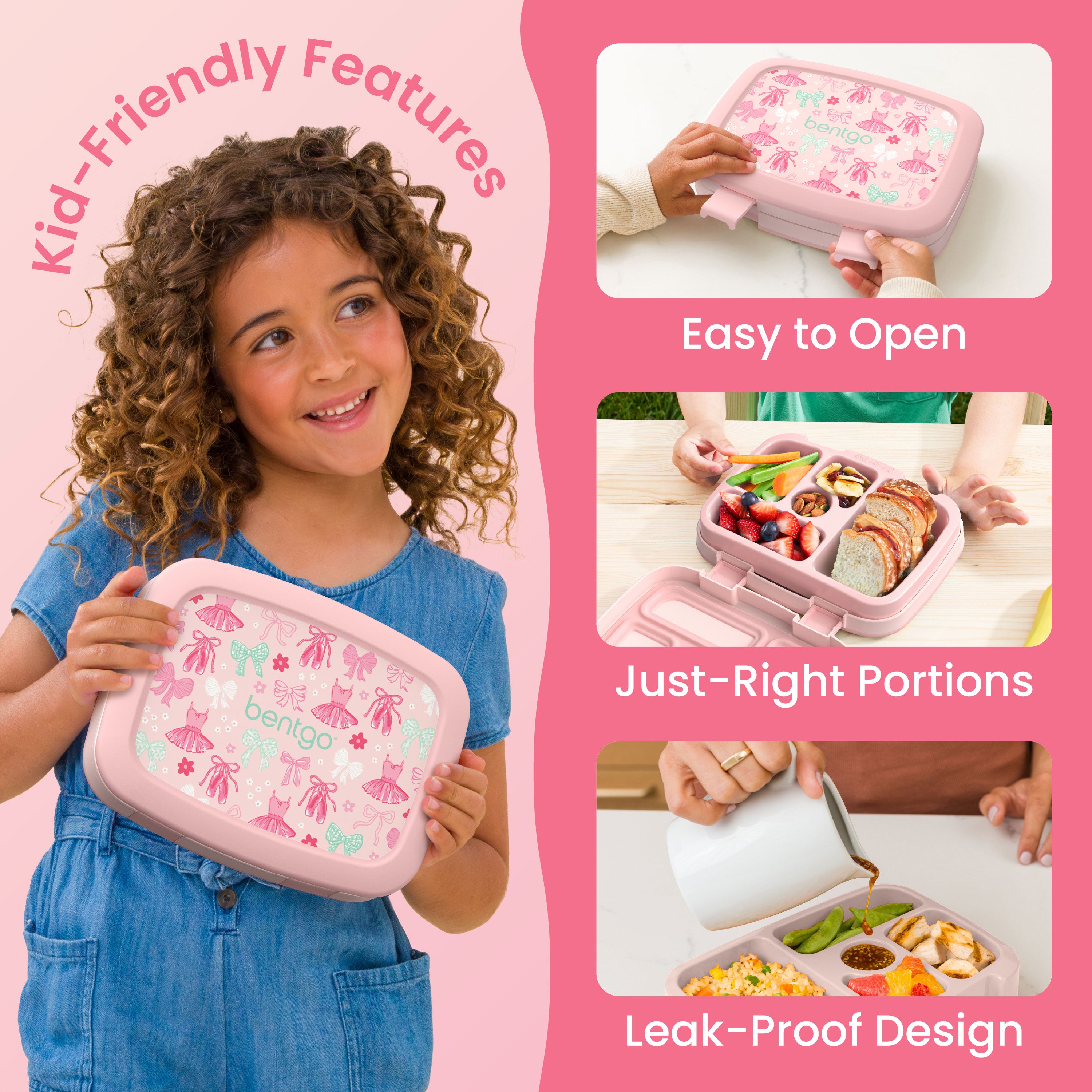 Bentgo Kids Prints Lunch Box - Ballet and Bows | Kid-Friendly Features - Easy To Open, Just-Right Portions, Leak-Proof Design