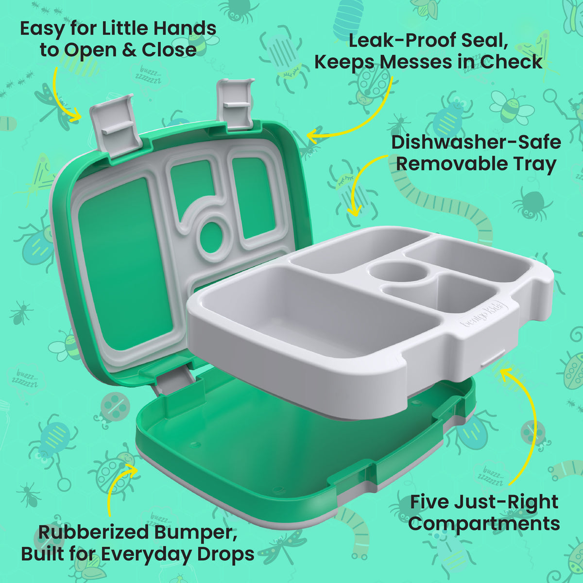 Bentgo Kids Prints Lunch Box - Bug Buddies | Kids Lunch Box Features Include Easy For Little Hands To Open & Close, Leak-Proof Seal That Keeps Messes In Check, Dishwasher-Safe Removable Tray, Rubberized Bumper Built For Everyday Drops, And Five Just-Right Compartments