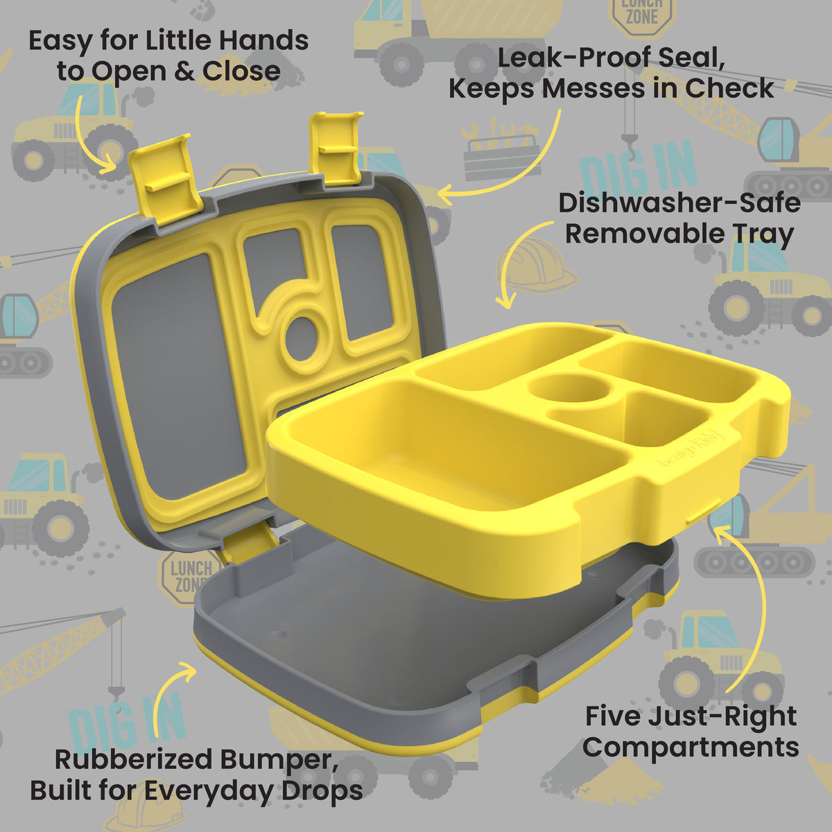 Bentgo Kids Prints Lunch Box - Construction Trucks | Kids Lunch Box Features Include Easy For Little Hands To Open & Close, Leak-Proof Seal That Keeps Messes In Check, Dishwasher-Safe Removable Tray, Rubberized Bumper Built For Everyday Drops, And Five Just-Right Compartments