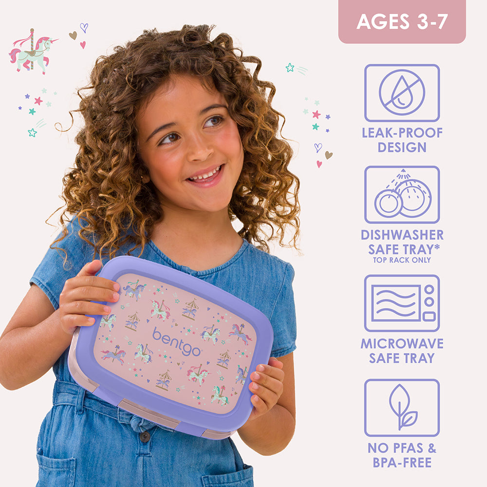 Bentgo Kids Prints Lunch Box - Carousel Unicorns | Leak-Proof Design, Dishwasher Safe Tray (Top Rack Only), Microwave Safe Tray And No PFAS & BPA-Free