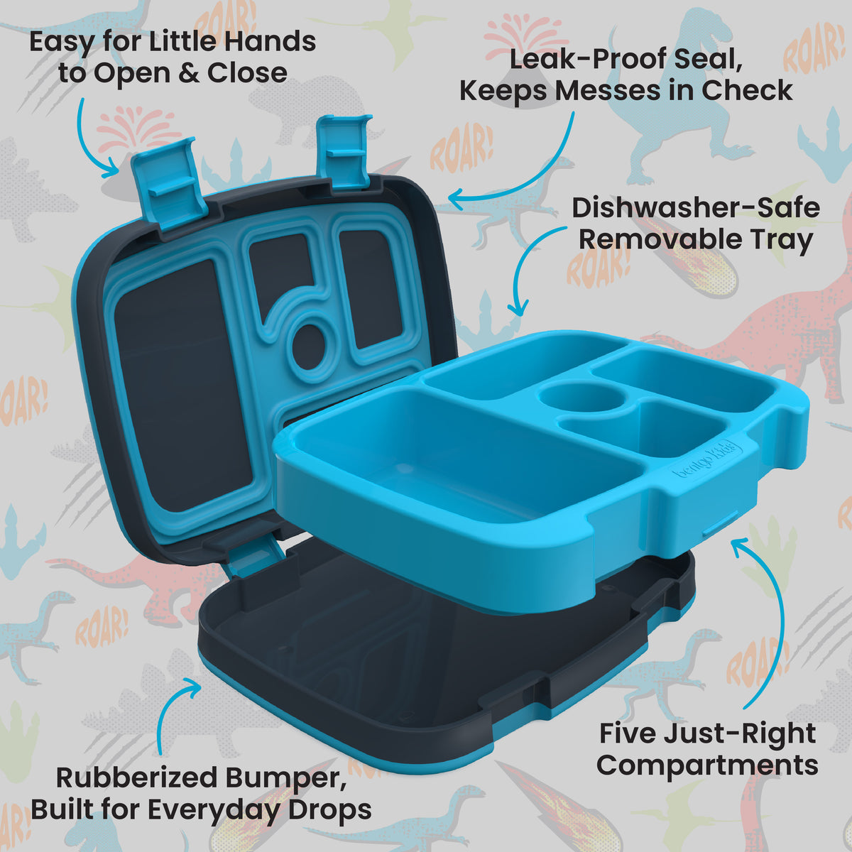 Bentgo Kids Prints Lunch Box - Dinosaur | Kids Lunch Box Features Include Easy For Little Hands To Open & Close, Leak-Proof Seal That Keeps Messes In Check, Dishwasher-Safe Removable Tray, Rubberized Bumper Built For Everyday Drops, And Five Just-Right Compartments