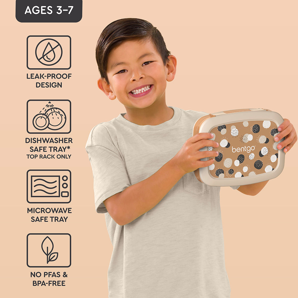 Bentgo® Kids Whimsy & Wonder Prints Lunch Box - Spots and Dots | Leak-Proof Design, Dishwasher Safe Tray (Top Rack Only), Microwave Safe Tray, No PFAS & BPA-Free