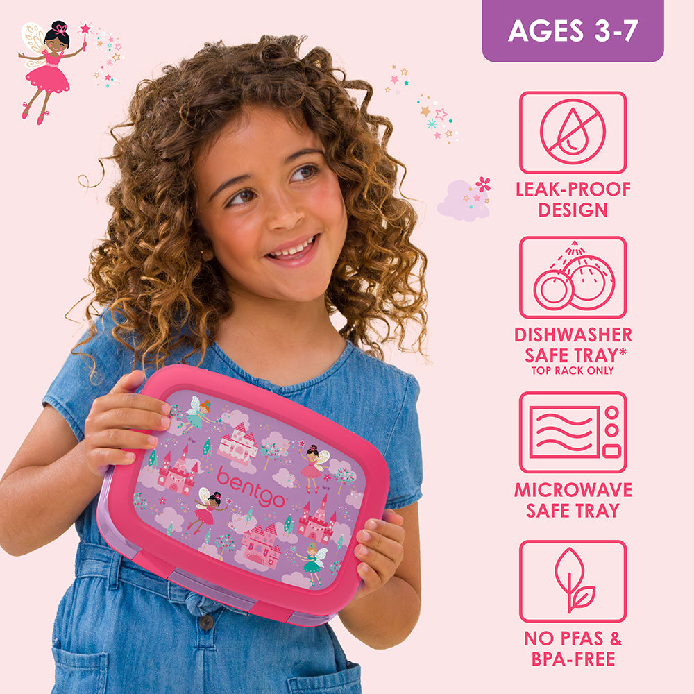 Bentgo Kids Prints Lunch Box - Fairies | Leak-Proof Design, Dishwasher Safe Tray (Top Rack Only), Microwave Safe Tray And No PFAS & BPA-Free
