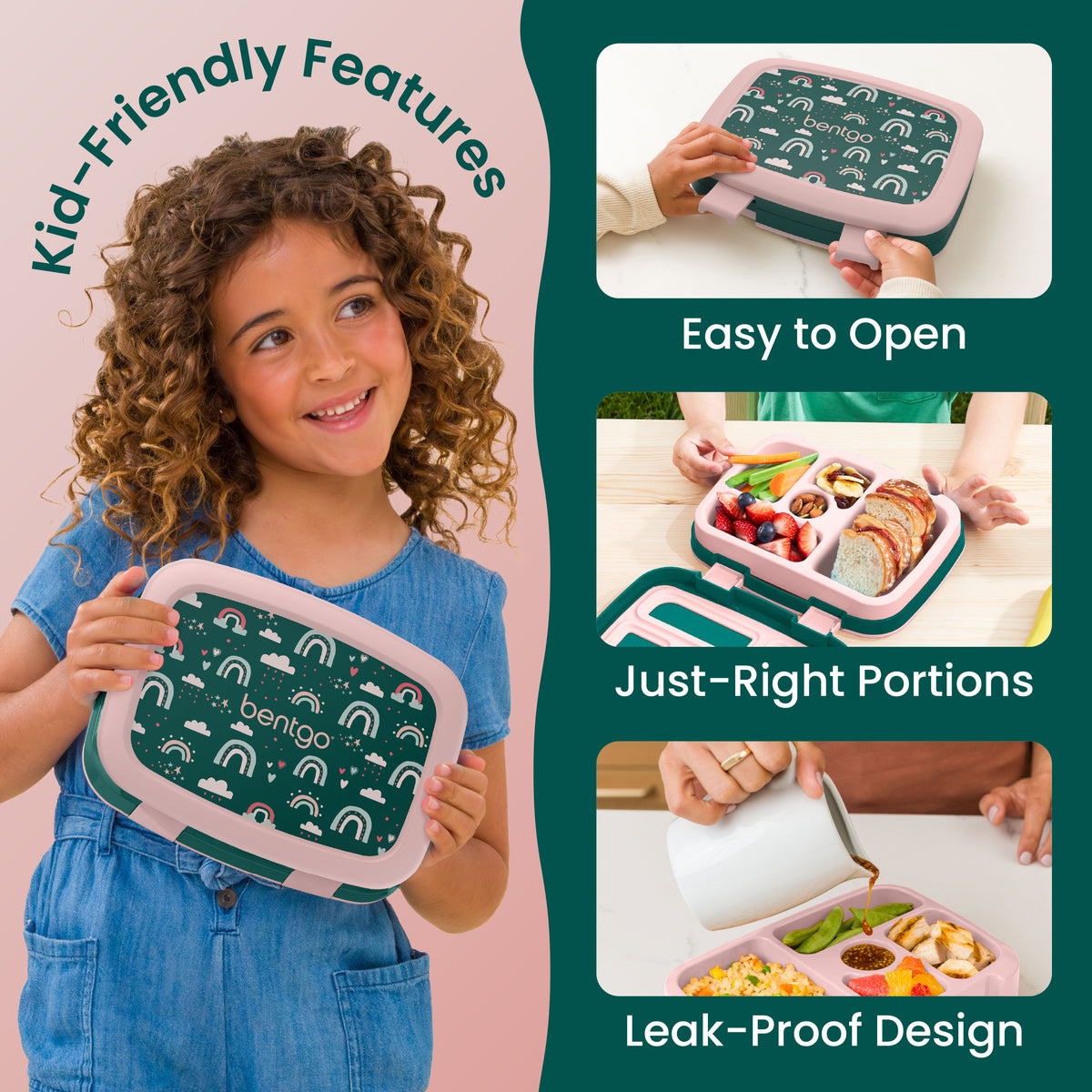 Bentgo Kids Prints Lunch Box - Green Rainbow | Kids Lunch Box Packed With Kid-Friendly Features Such As Easy To Open, Just-Right Portions And Leak-Proof Design