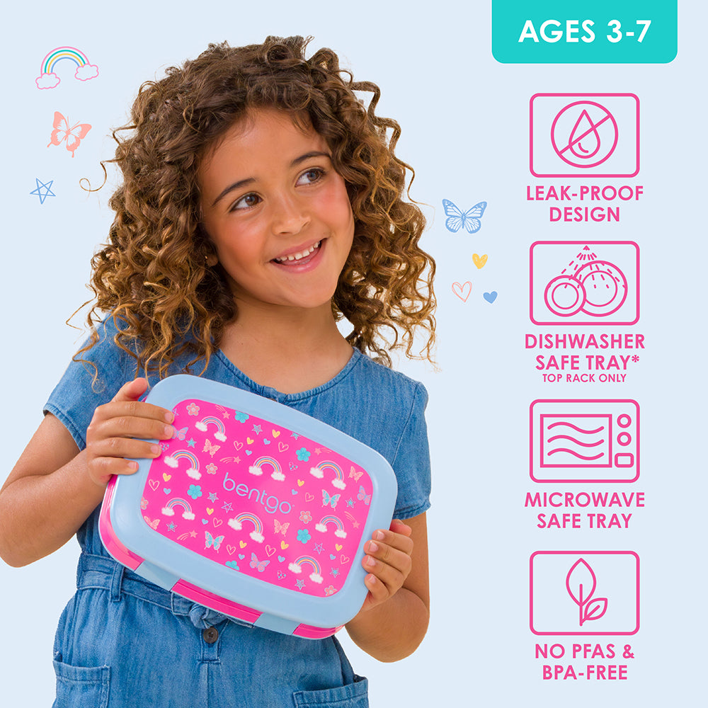 Bentgo Kids Prints Lunch Box - Rainbows and Butterflies | Leak-Proof Design, Dishwasher Safe Tray (Top Rack Only), Microwave Safe Tray And No PFAS & BPA-Free