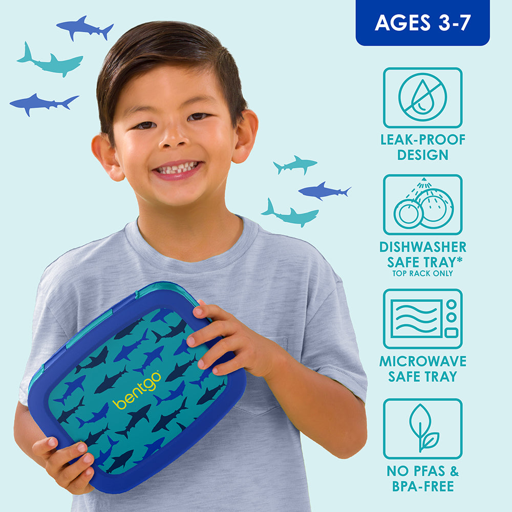 Bentgo Kids Prints Lunch Box - Sharks | Leak-Proof Design, Dishwasher Safe Tray (Top Rack Only), Microwave Safe Tray And No PFAS & BPA-Free