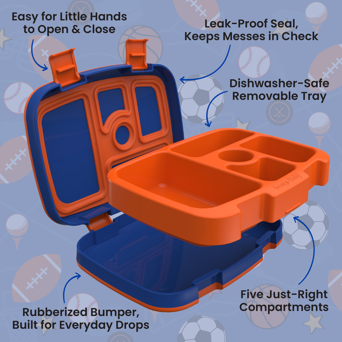 Bentgo Kids Prints Lunch Box - Sports | Kids Lunch Box Features Include Easy For Little Hands To Open & Close, Leak-Proof Seal That Keeps Messes In Check, Dishwasher-Safe Removable Tray, Rubberized Bumper Built For Everyday Drops, And Five Just-Right Compartments
