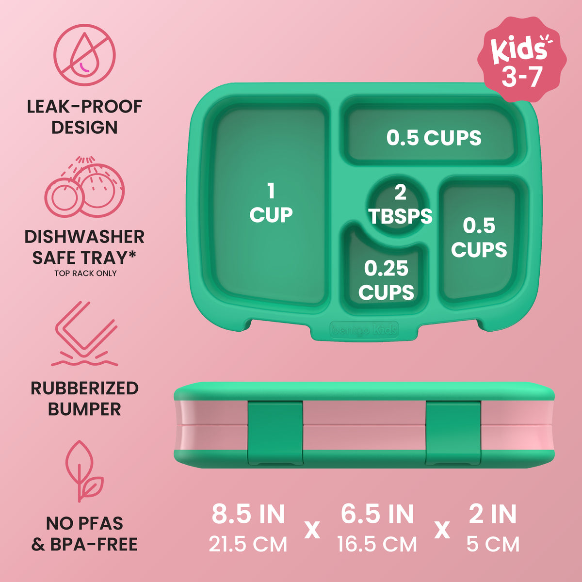 Bentgo Kids Prints Lunch Box - Tropical | Leak-Proof Design, Dishwasher Safe Tray (Top Rack Only), Rubberized Bumper And No PFAS & BPA-Free | Kids Lunch Box Dimensions