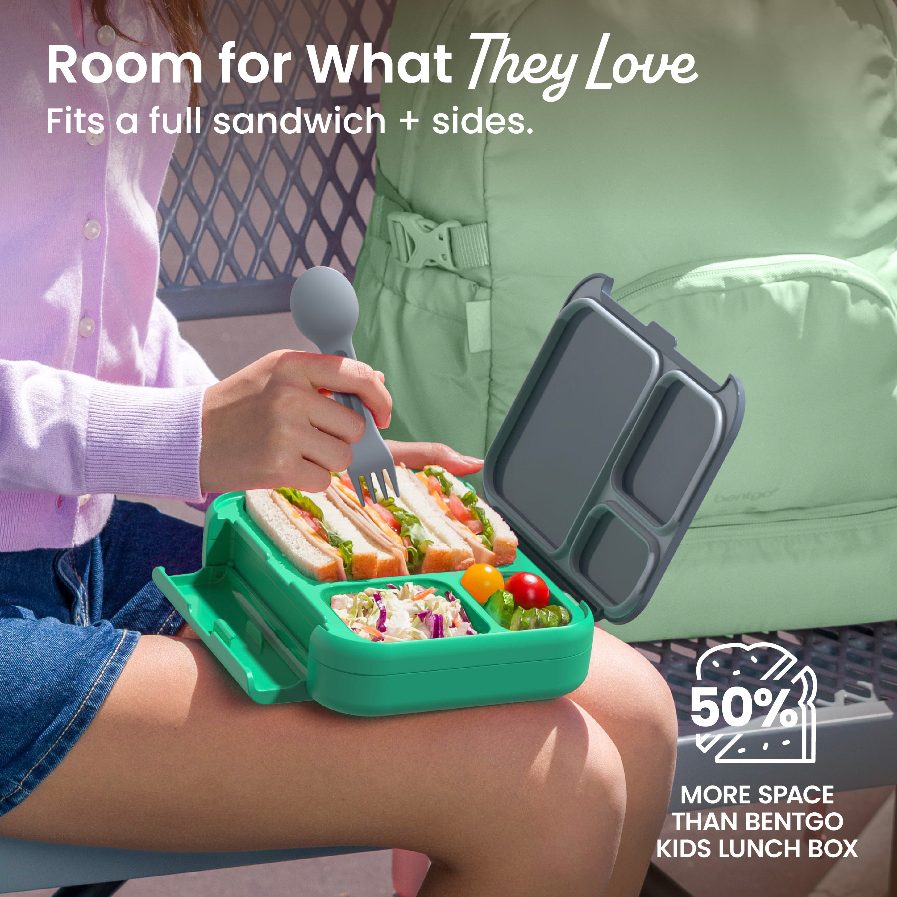 Bentgo Kids Stow & Go Lunch Box - Gray Leaf | Room For What They Love - Fits A Full Sandwich + Sides | More Space Than Bentgo Kids Lunch Box