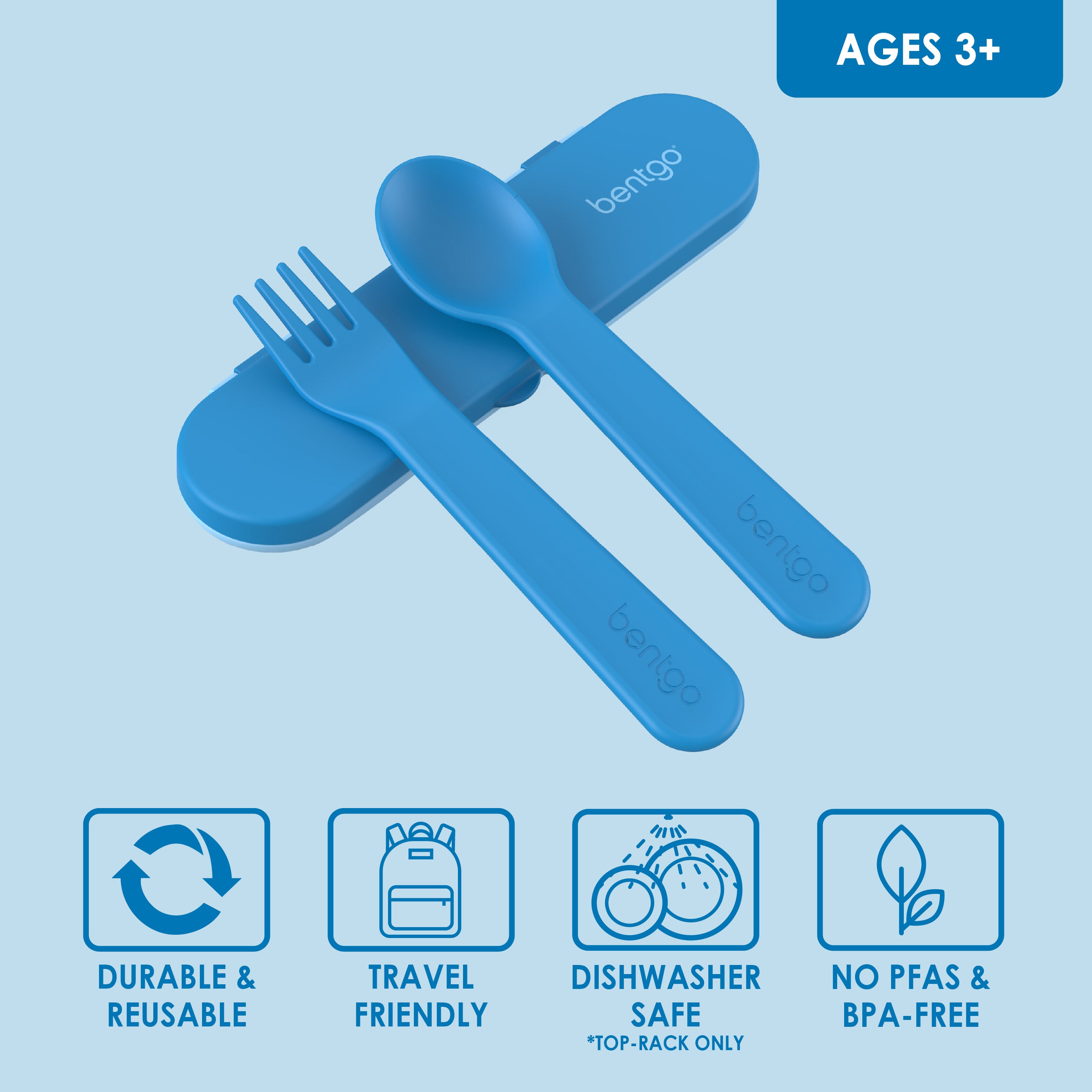 Bentgo® Kids Utensils Set - Blue| Ages 3+ |  Durable & Reusable, Travel Friendly, Dishwasher Safe (Top-Rack Only), and No PFAS & BPA-Free