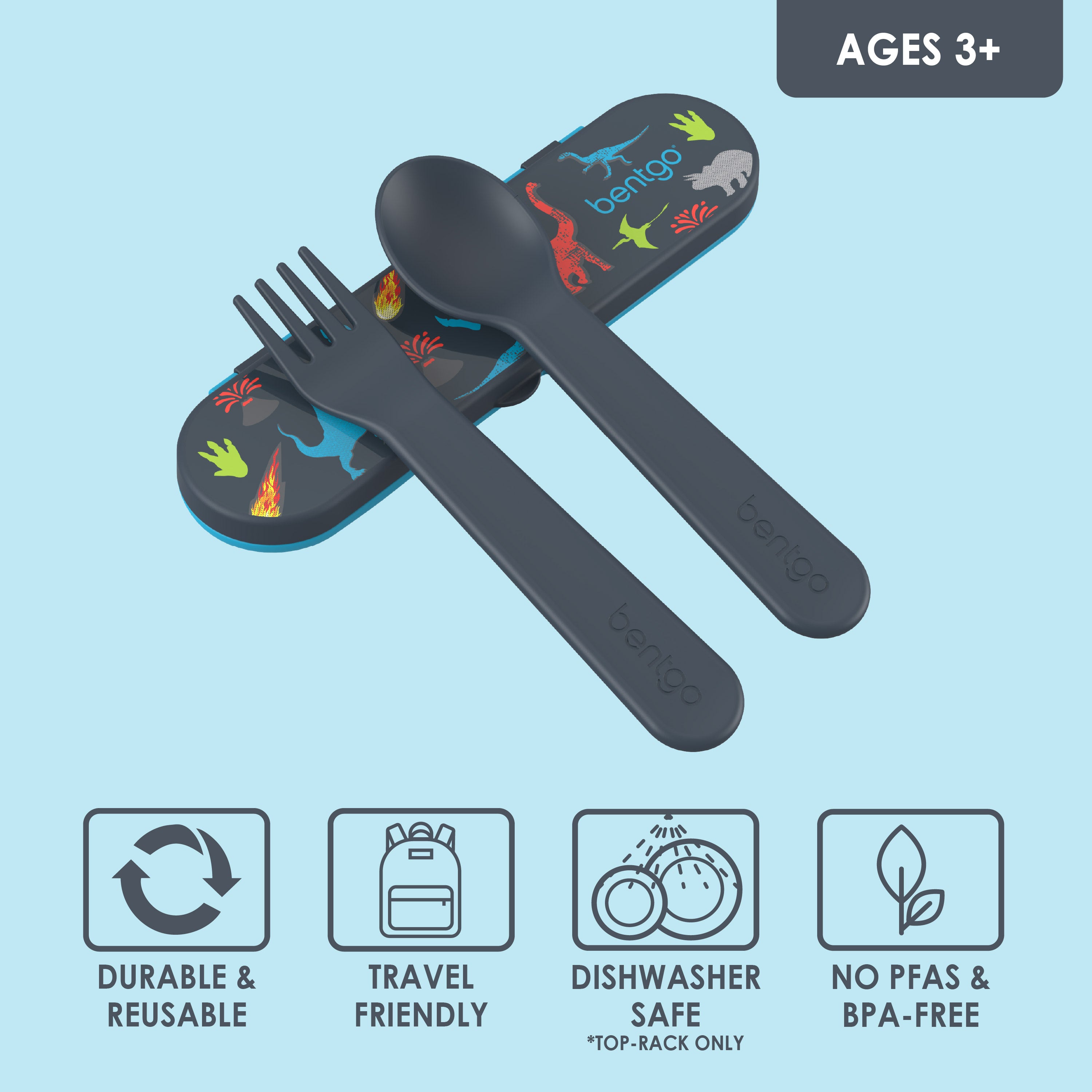 Bentgo® Kids Utensils Set - Dinosaur|  Ages 3+ | Durable & Reusable, Travel Friendly, Dishwasher Safe (Top-Rack Only), and No PFAS & BPA-Free