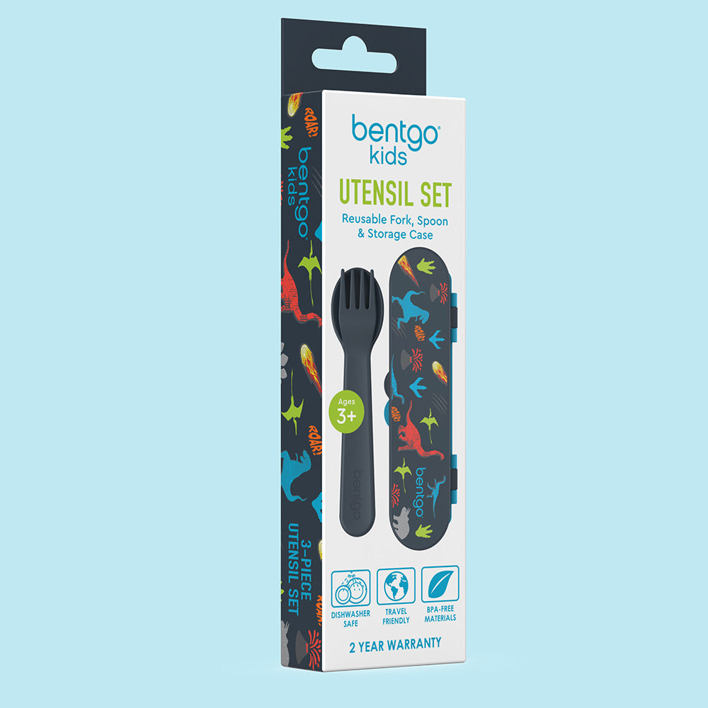 Bentgo® Kids Utensils Set | Dinosaur - 3-Piece Utensil Set including a reusable fork, spoon, and storage case