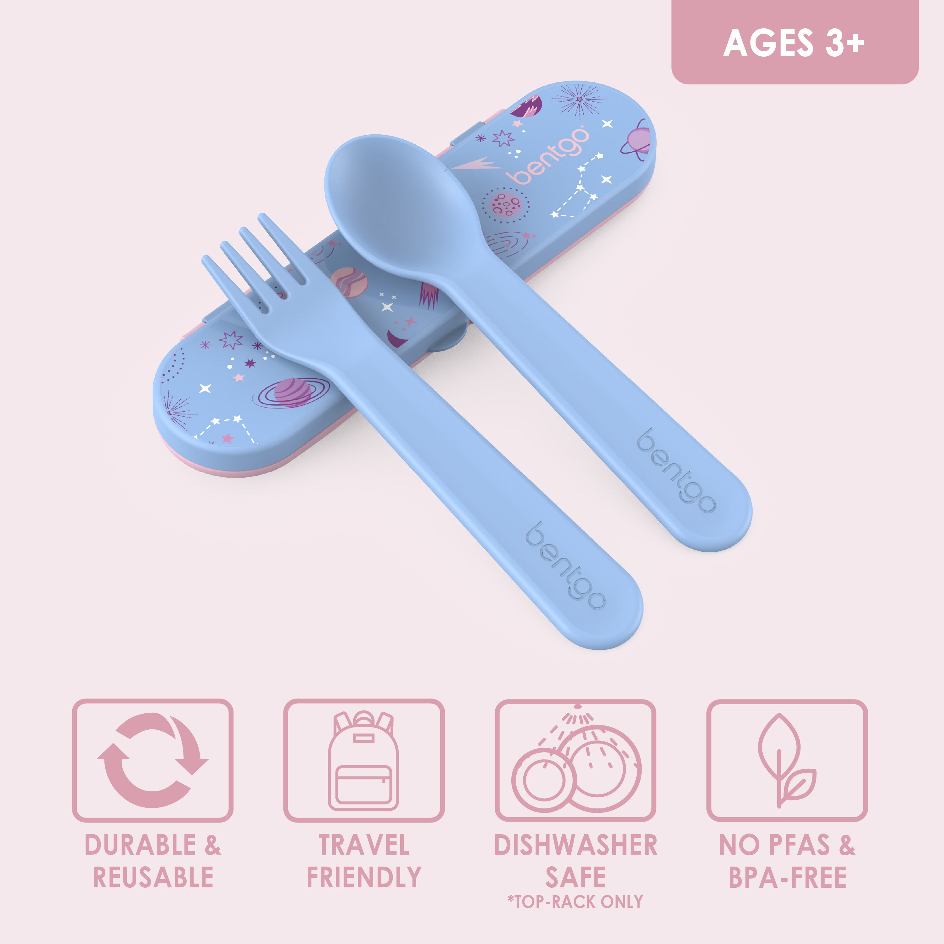 Bentgo® Kids Utensils Set - Lavender Galaxy| Ages 3+ |  Durable & Reusable, Travel Friendly, Dishwasher Safe (Top-Rack Only), and No PFAS & BPA-Free